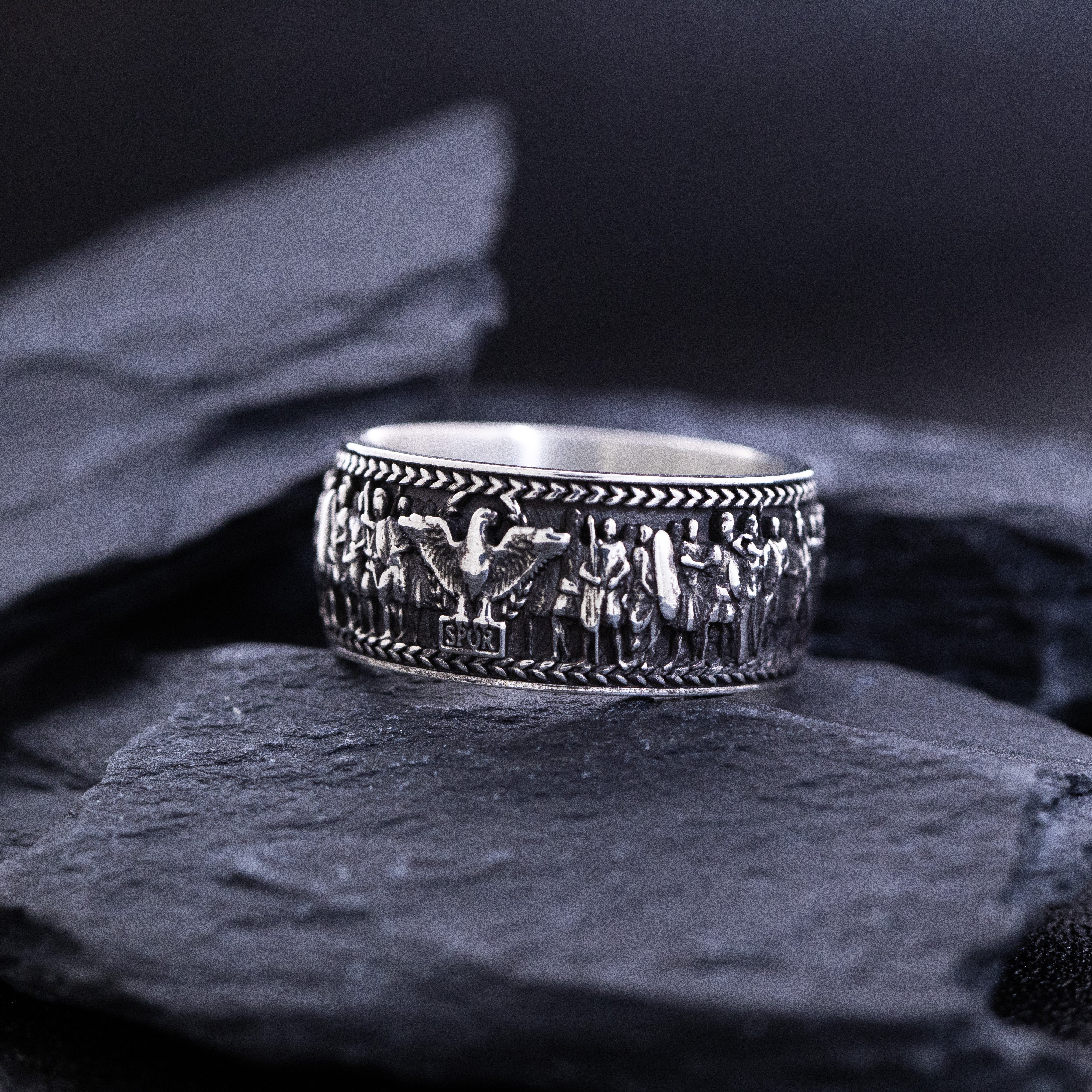 Roman Sterling Silver Ring with Emperor Caracalla's Relief and Capitoline Wolf