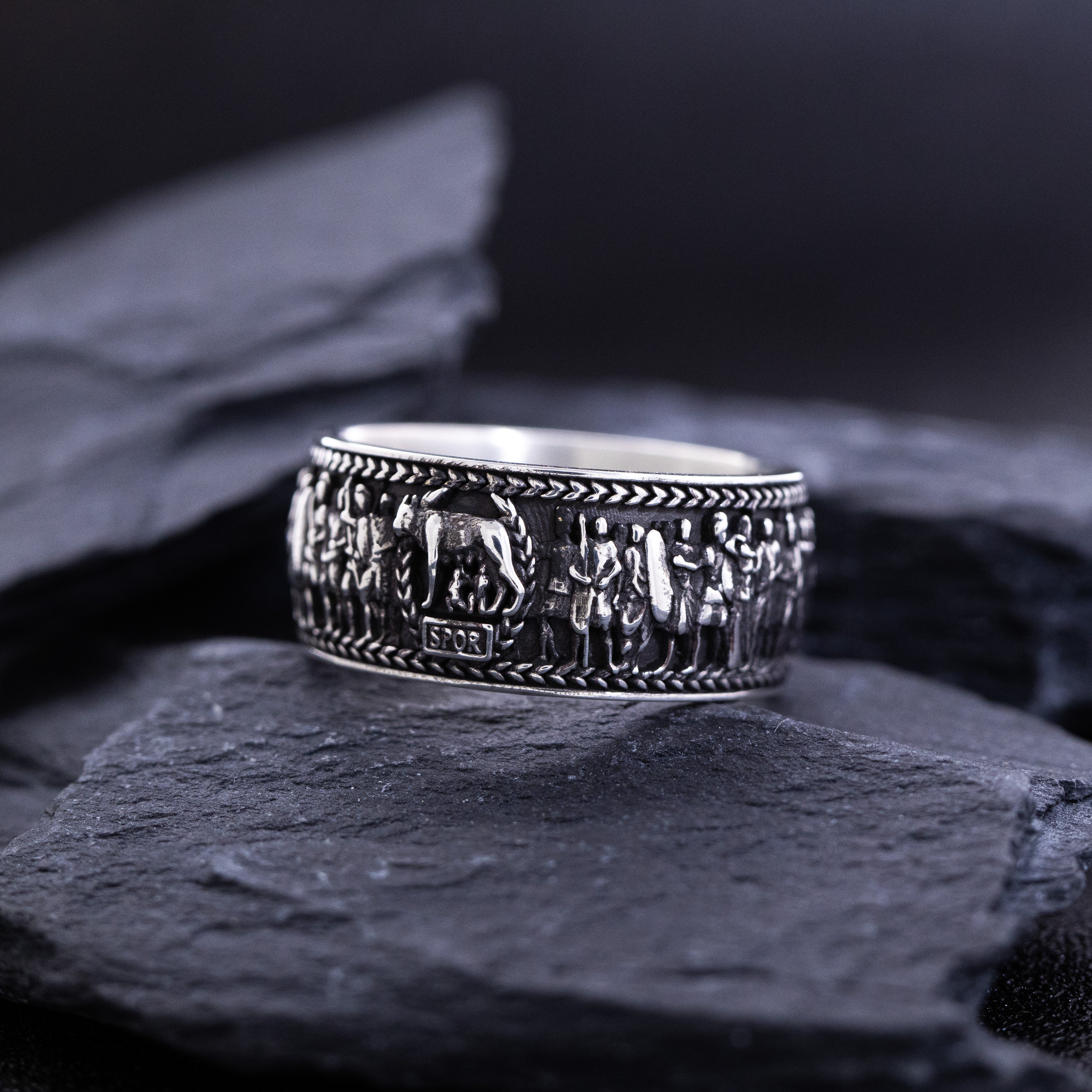 Roman Sterling Silver Ring with Emperor Caracalla's Relief and Capitoline Wolf