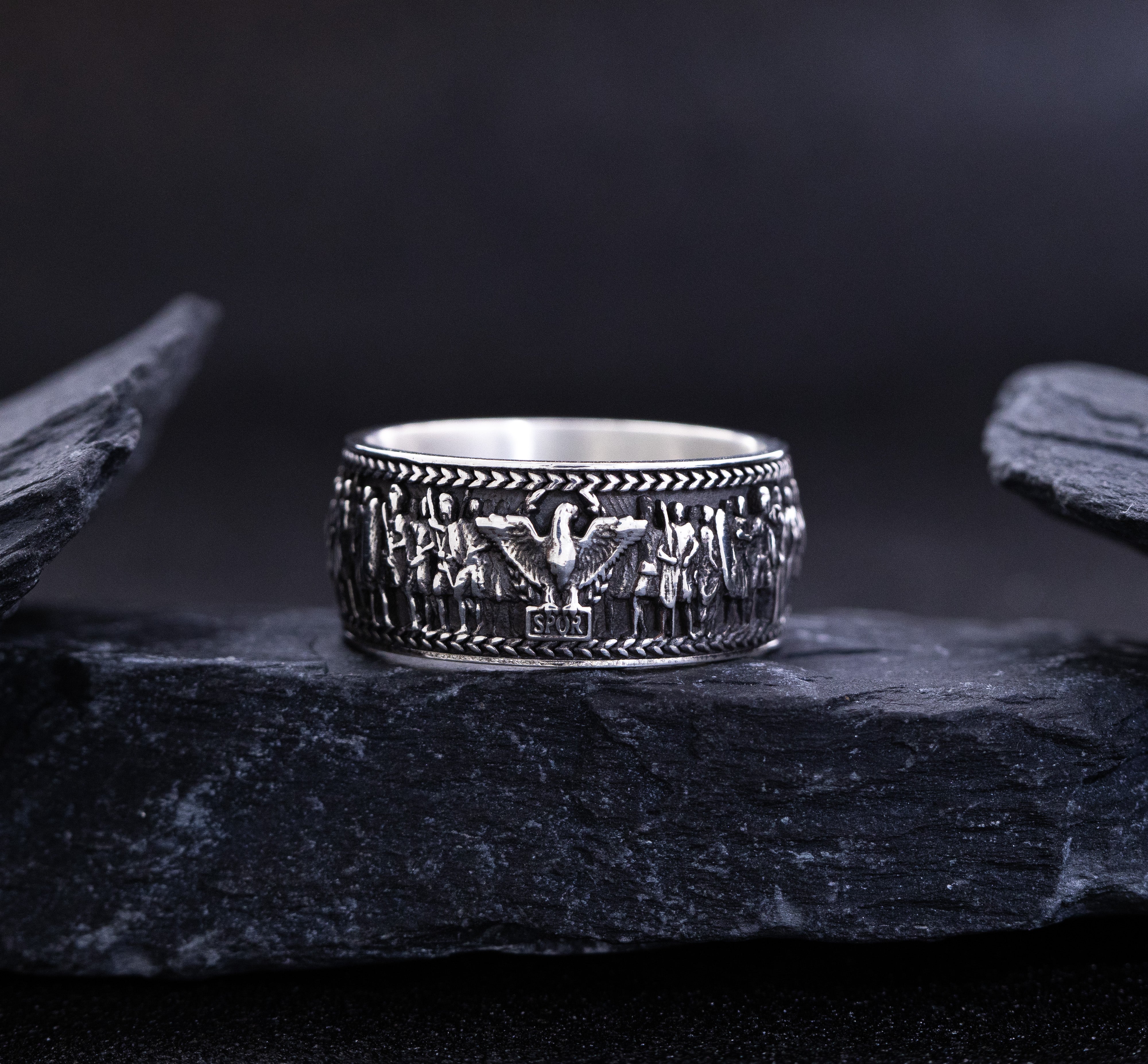 Roman Sterling Silver Ring with Emperor Caracalla's Relief and Capitoline Wolf