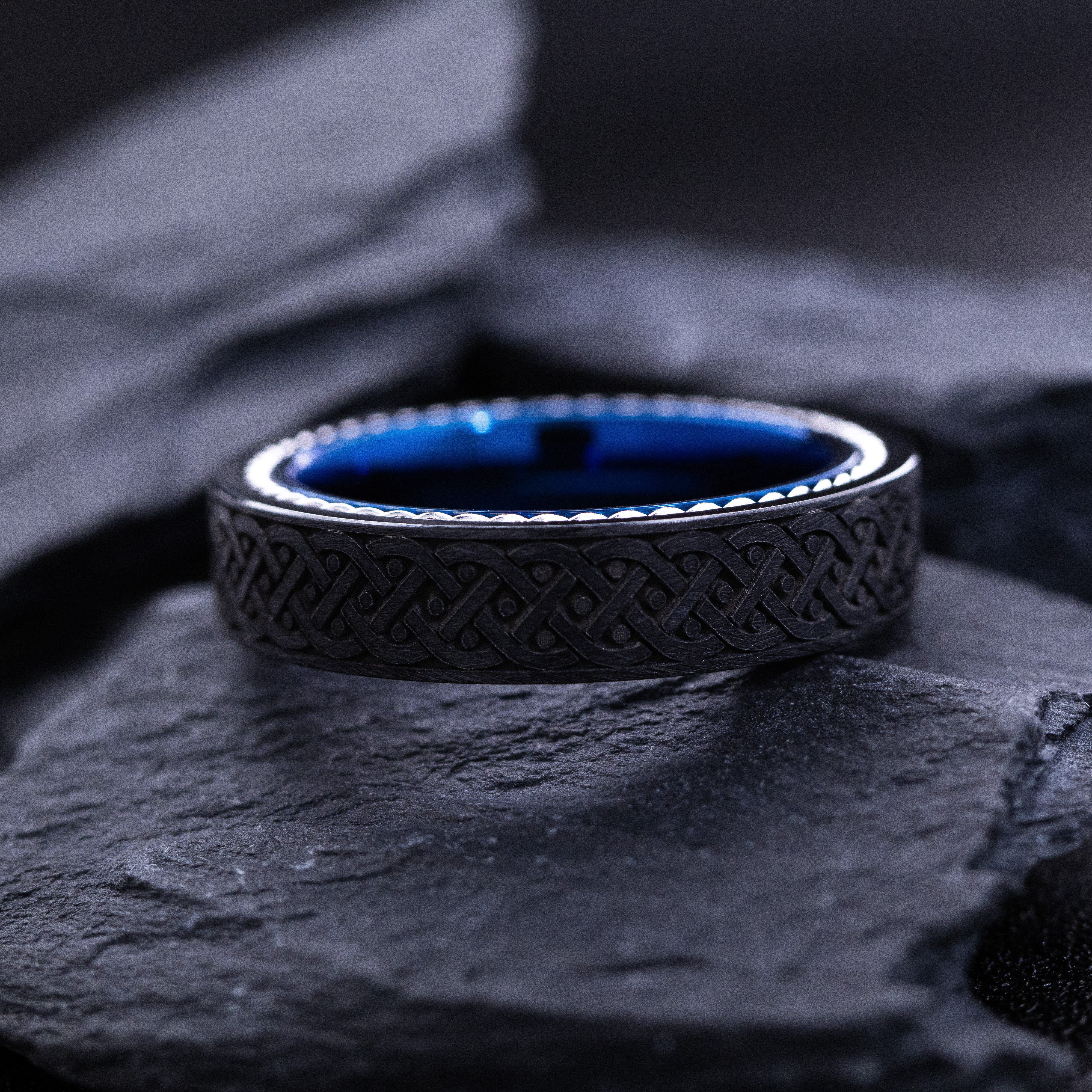 Blue Tungsten Carbide 6mm Wedding Ring with Celtic Braided Knot