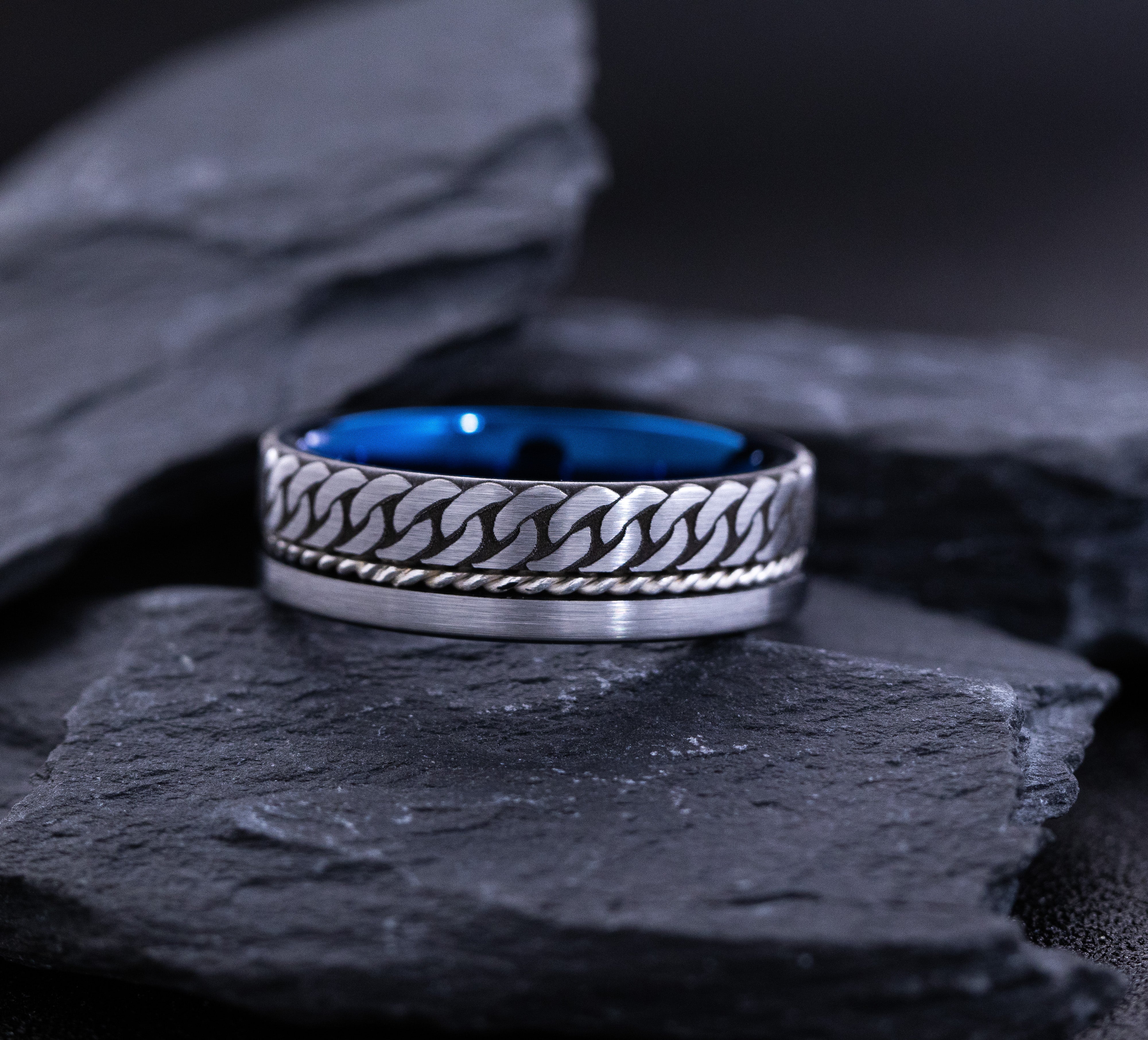 Blue and Silver Tungsten Carbide 8mm Engagement Ring with Rope and Engraved Knot
