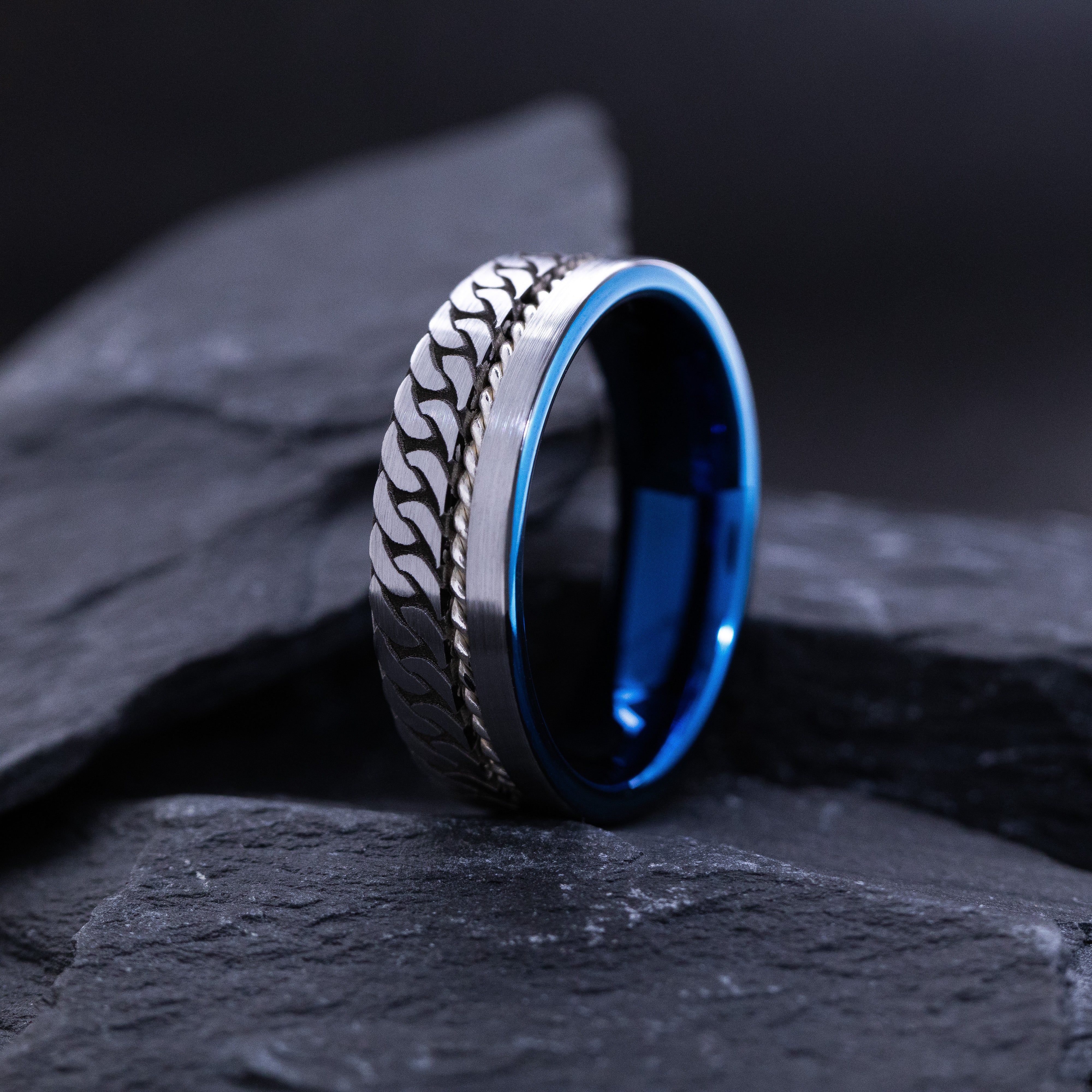 Blue and Silver Tungsten Carbide 8mm Engagement Ring with Rope and Engraved Knot