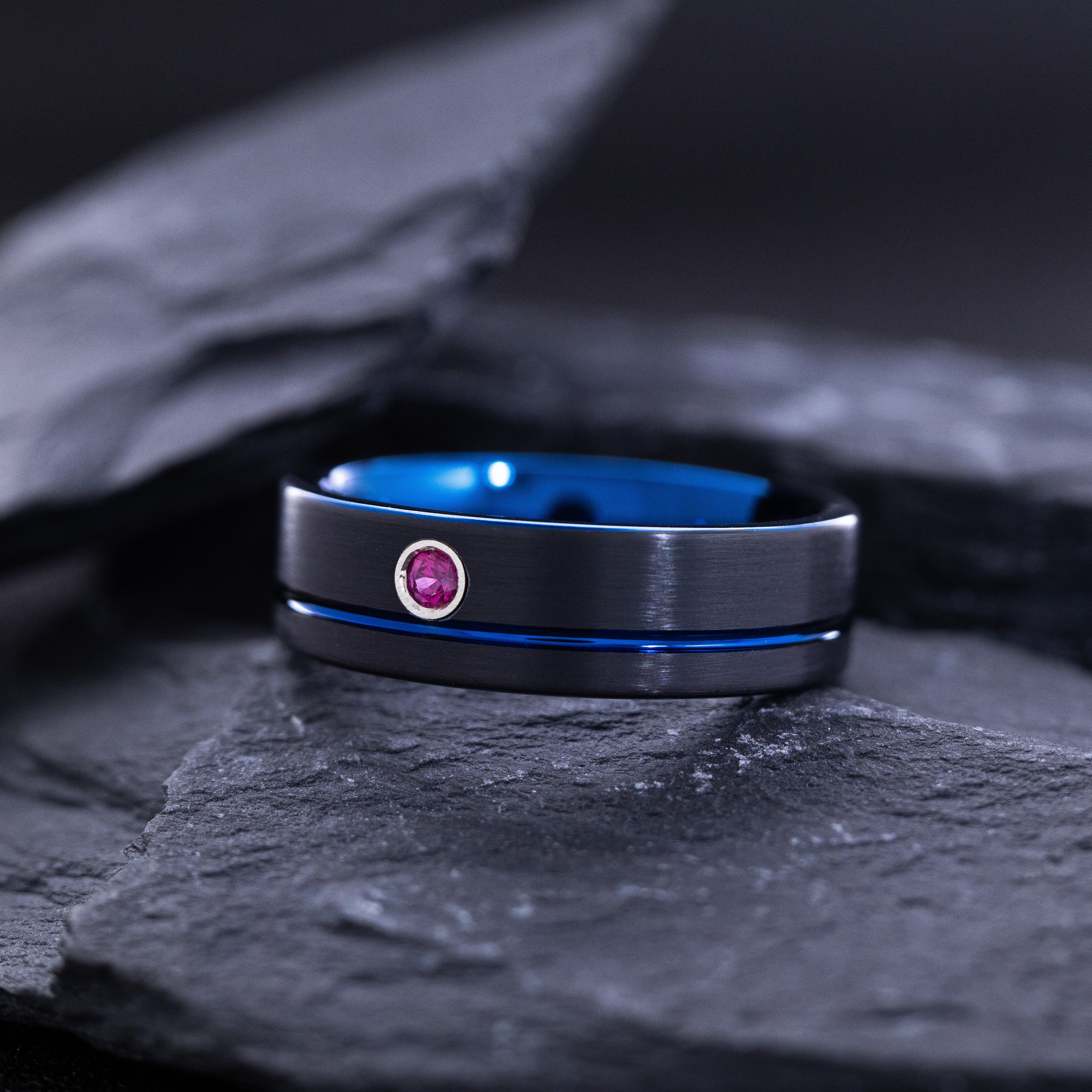 8mm Black and Blue Grooved Tungsten Carbide Ring with Round Cut Gemstone