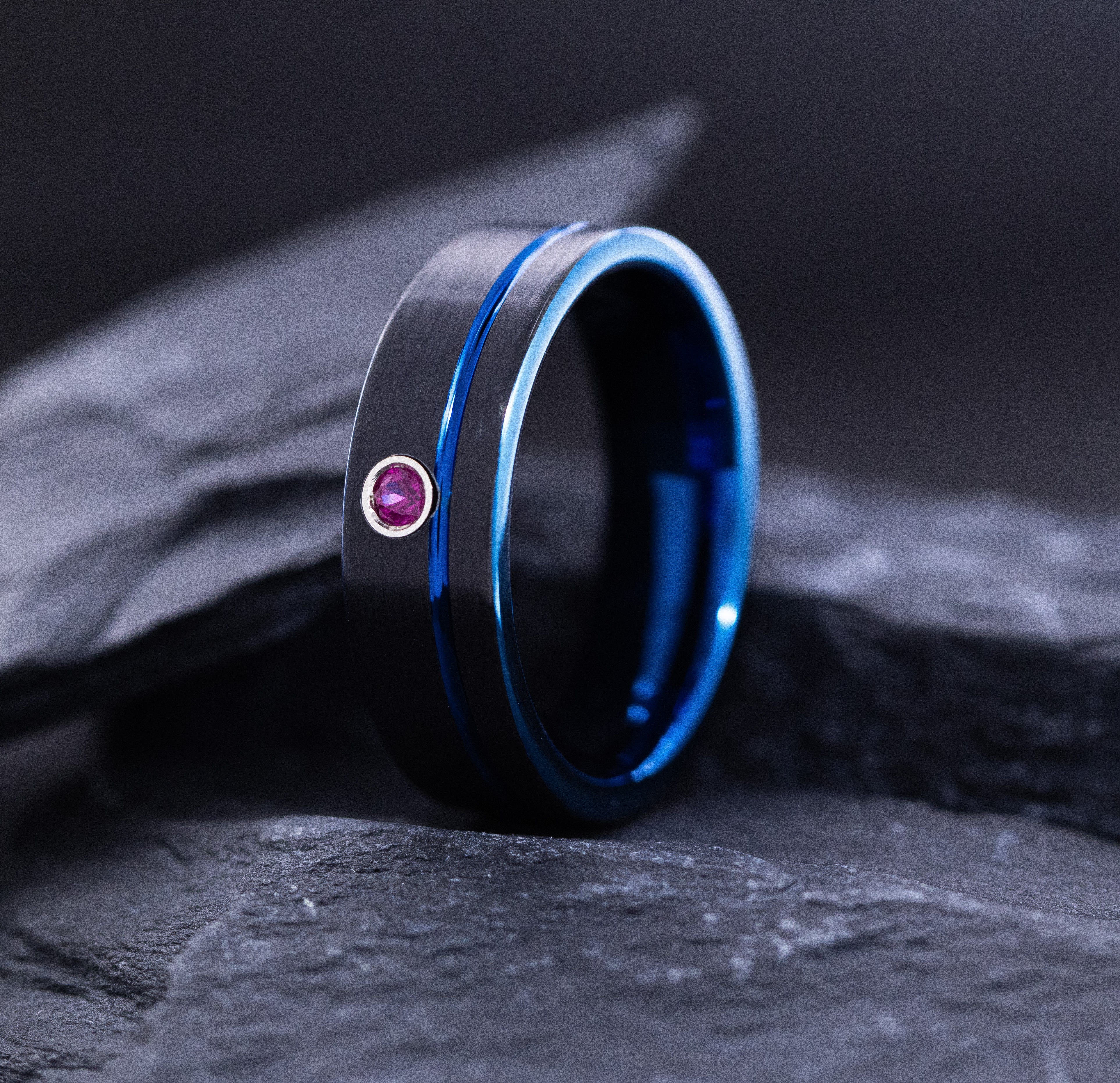 8mm Black and Blue Grooved Tungsten Carbide Ring with Round Cut Gemstone