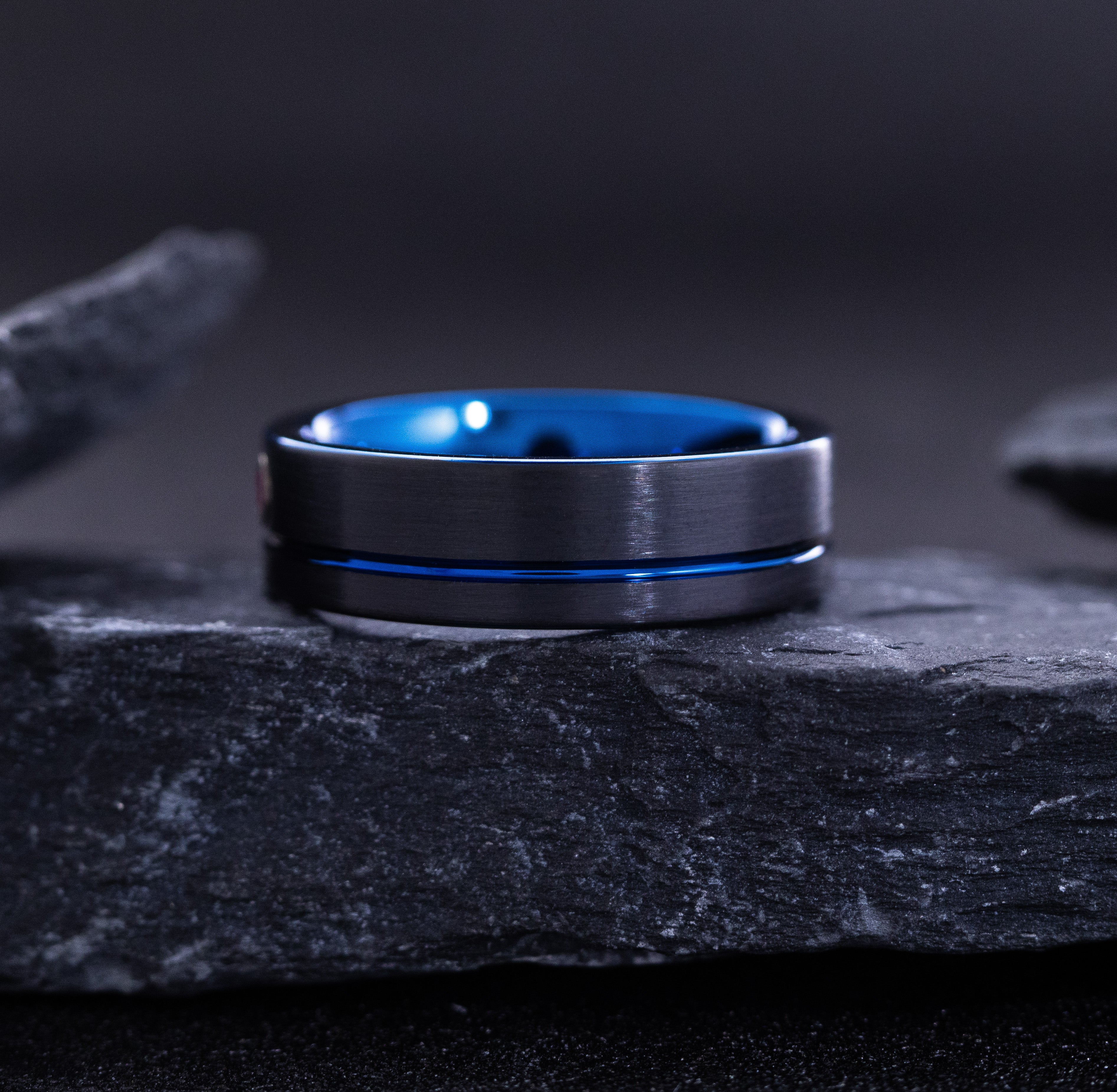 8mm Black and Blue Grooved Tungsten Carbide Ring with Round Cut Gemstone