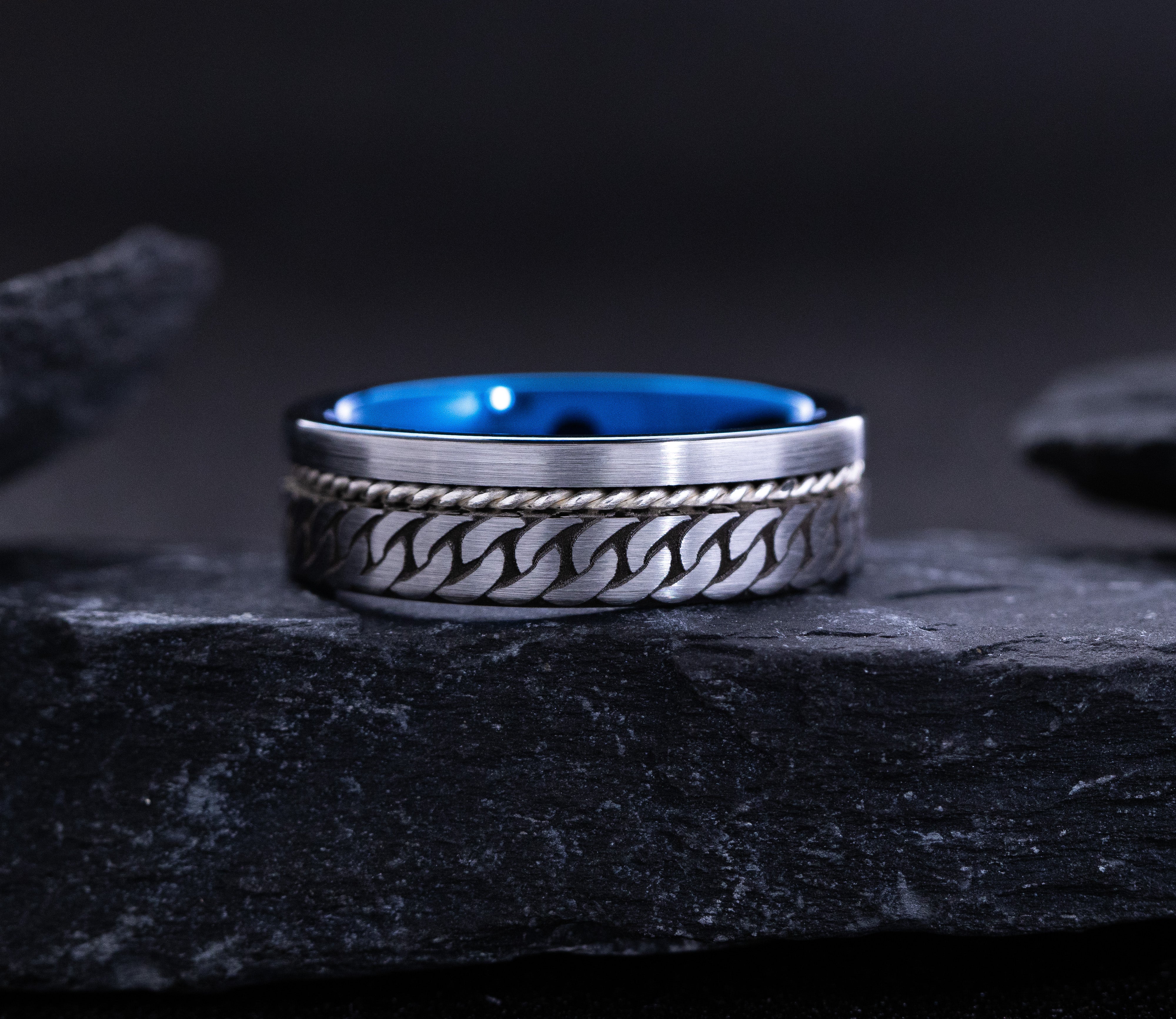 Blue and Silver Tungsten Carbide 8mm Engagement Ring with Rope and Engraved Knot
