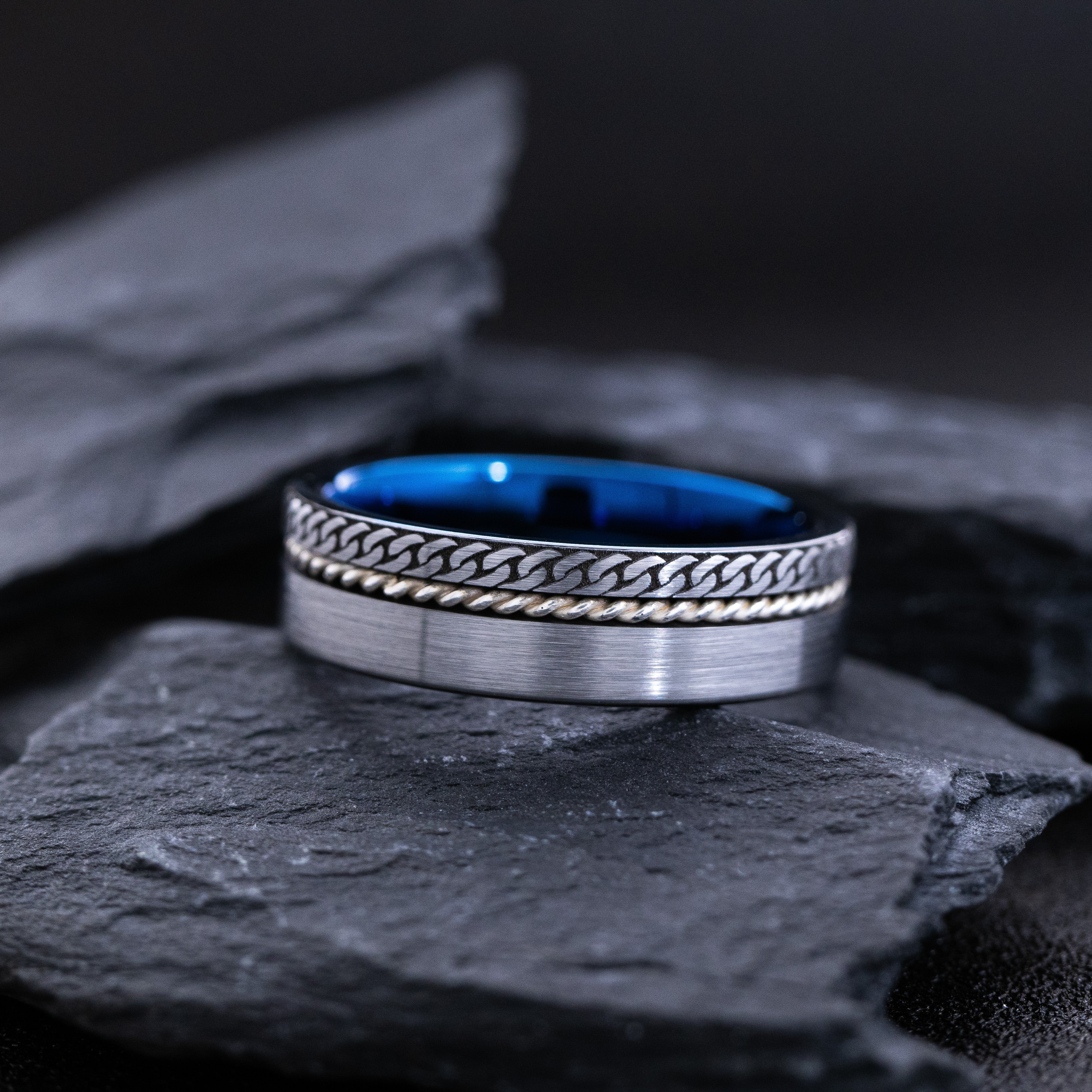 Blue and Silver Tungsten Carbide 8mm Band with Celtic Style Knot