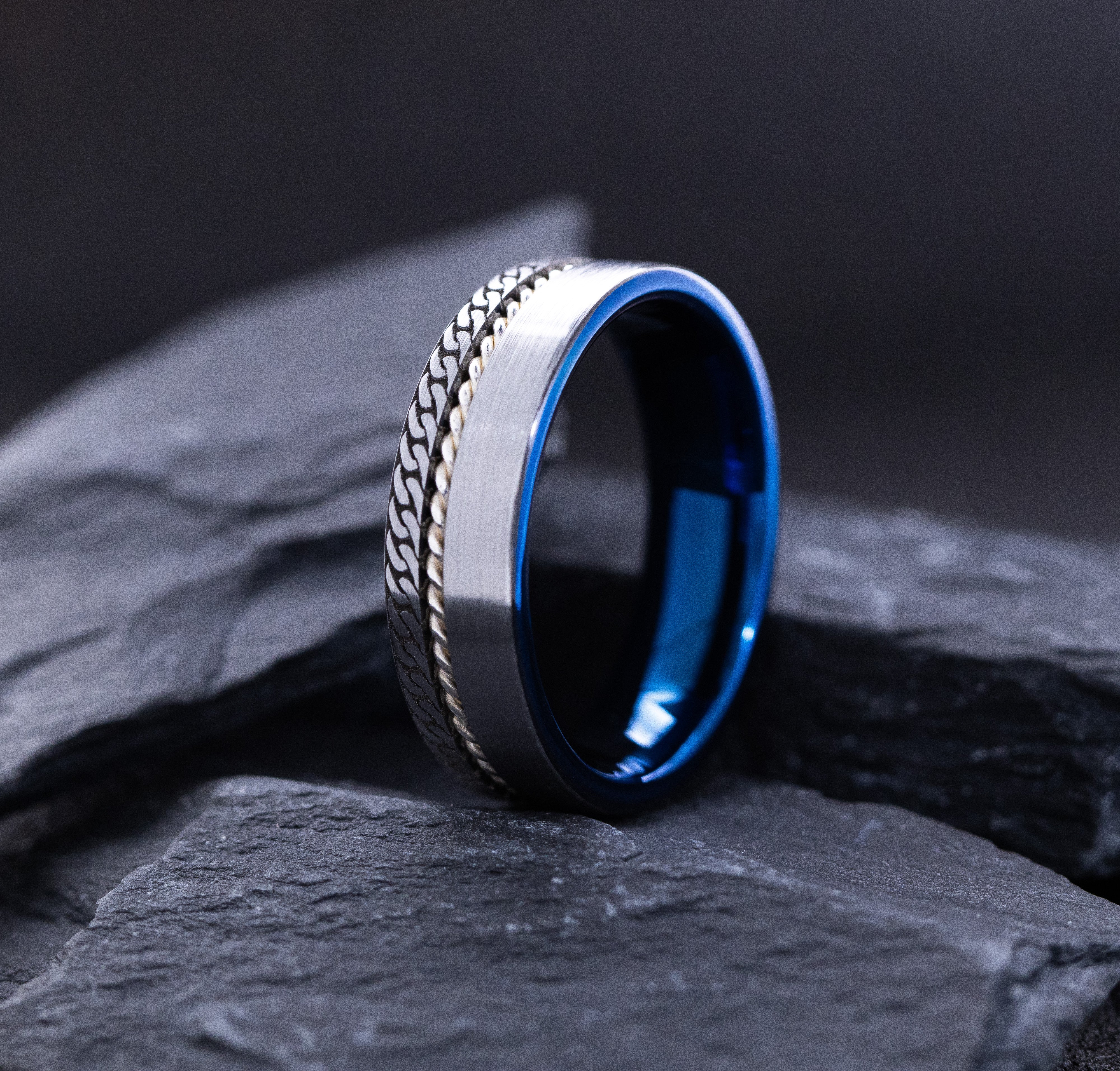 Blue and Silver Tungsten Carbide 8mm Band with Celtic Style Knot