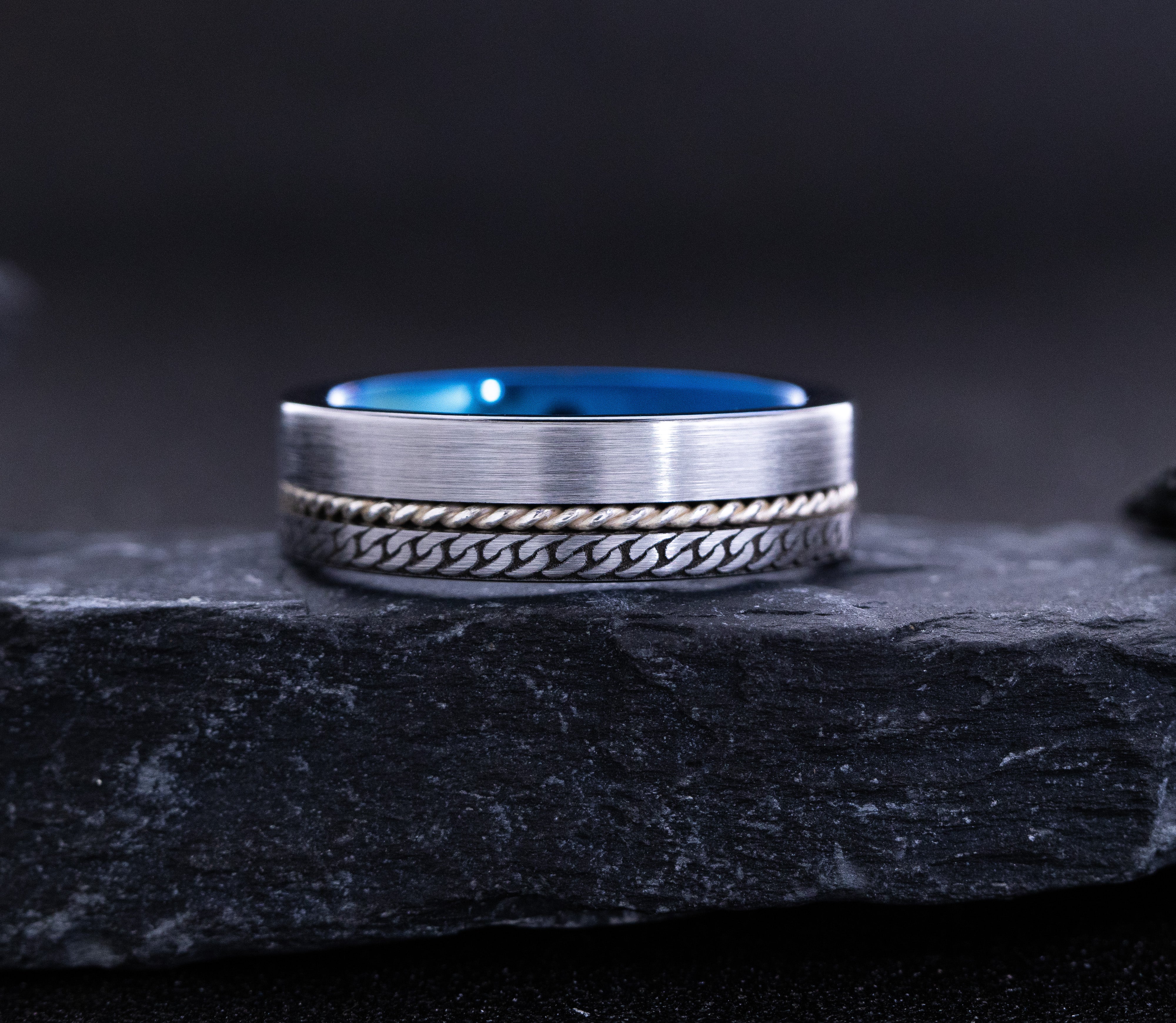 Blue and Silver Tungsten Carbide 8mm Band with Celtic Style Knot