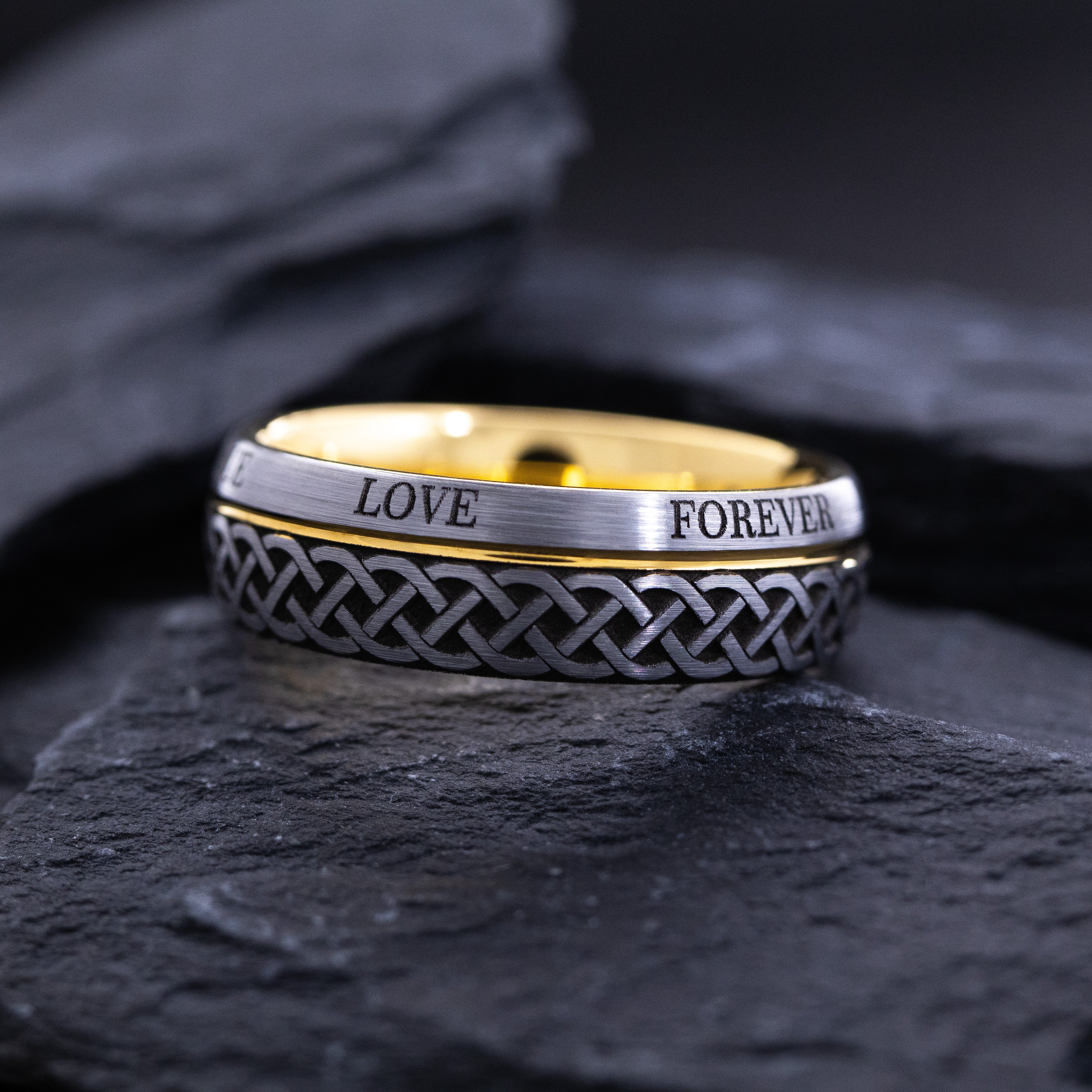 Yellow Gold Plated and Silver Tungsten Carbide 8mm Ring with Celtic Style Knot and Love Engraving
