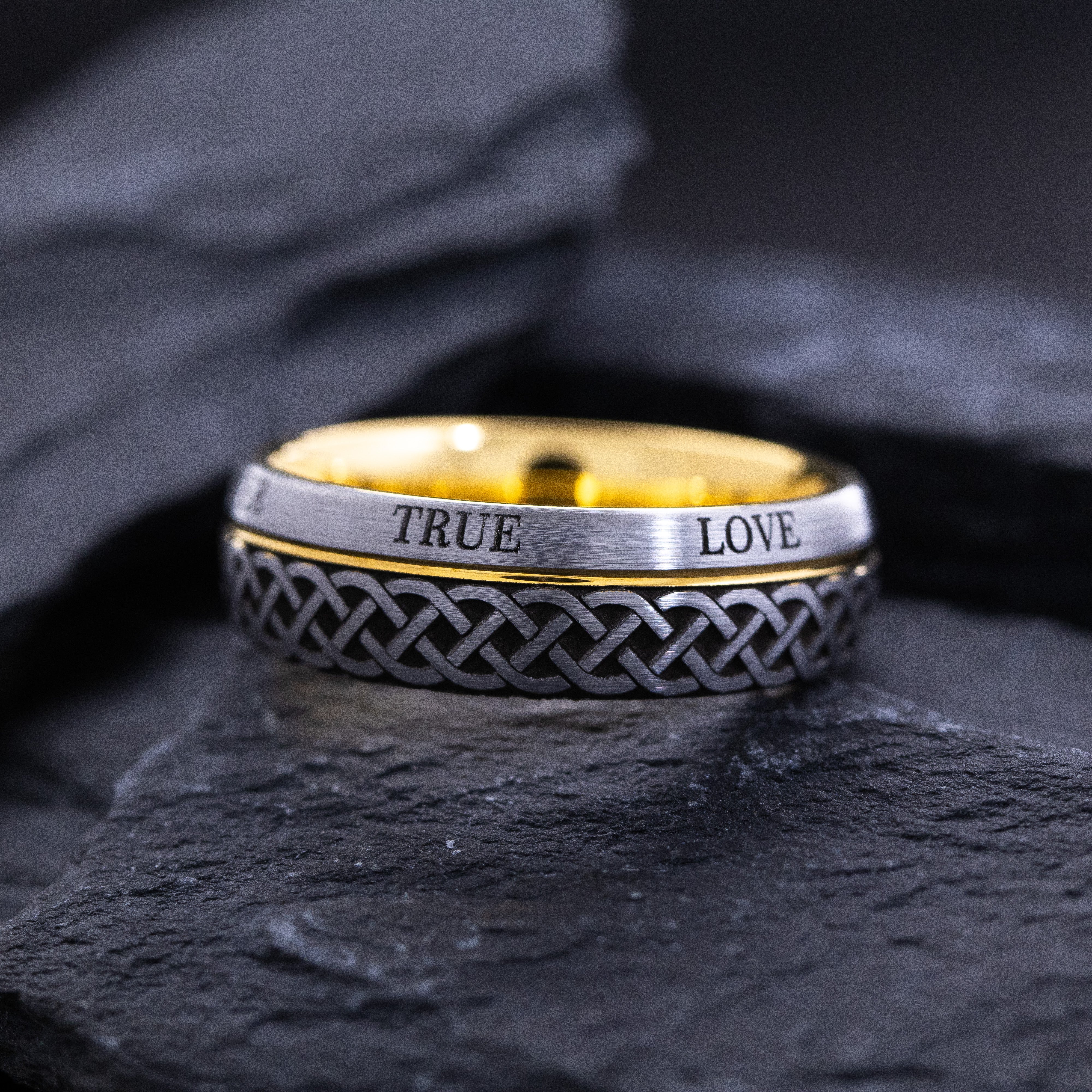 Yellow Gold Plated and Silver Tungsten Carbide 8mm Ring with Celtic Style Knot and Love Engraving
