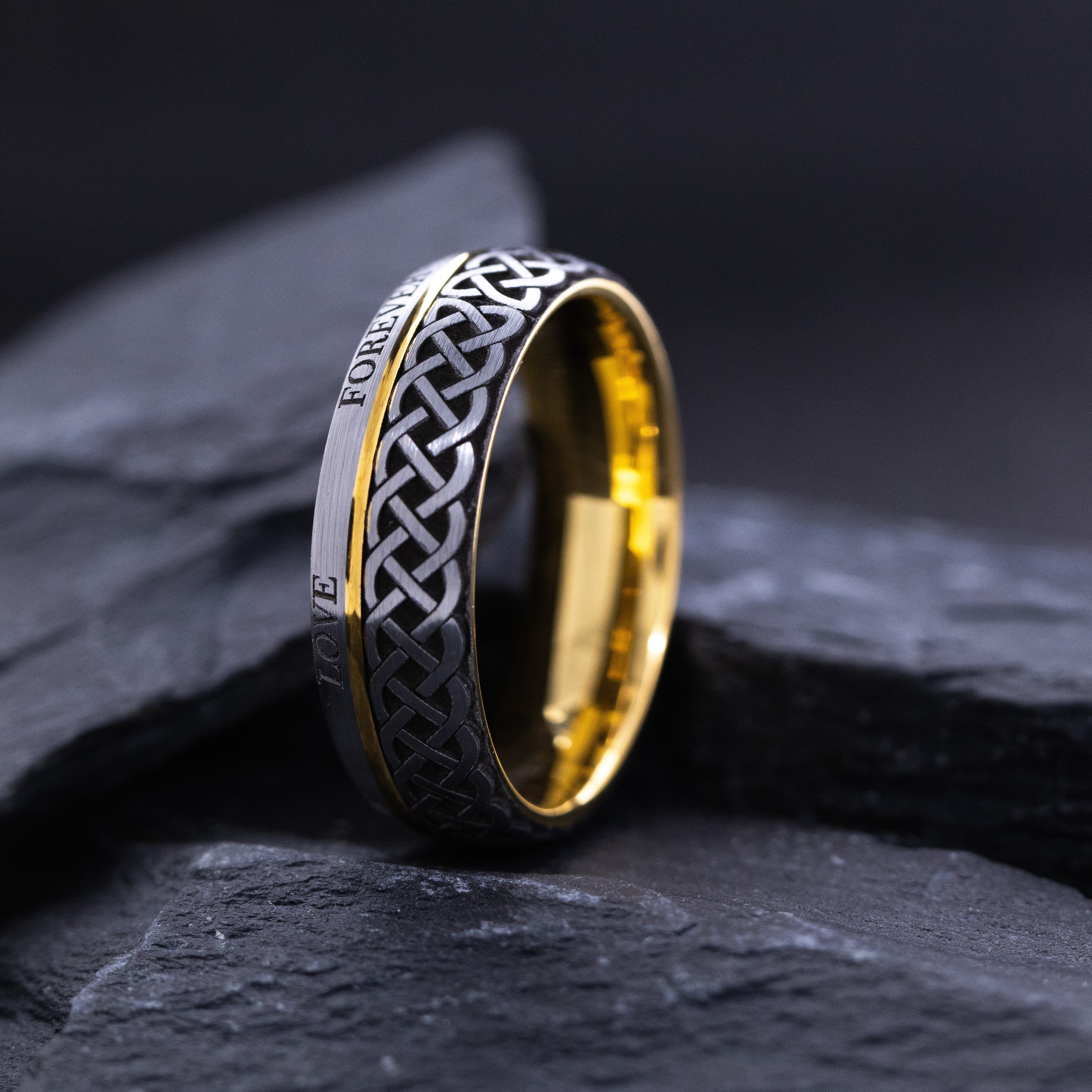 Yellow Gold Plated and Silver Tungsten Carbide 8mm Ring with Celtic Style Knot and Love Engraving