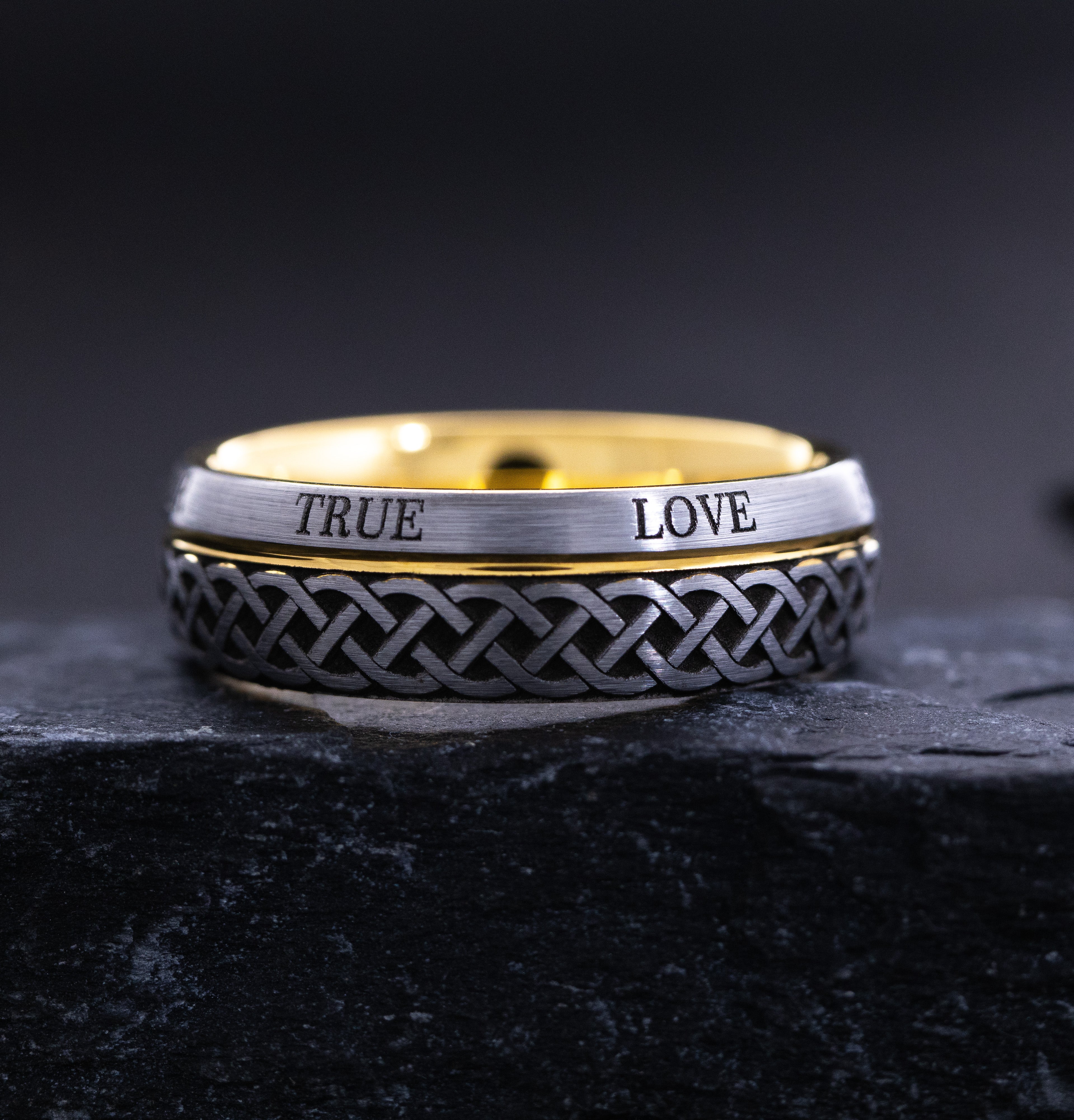 Yellow Gold Plated and Silver Tungsten Carbide 8mm Ring with Celtic Style Knot and Love Engraving