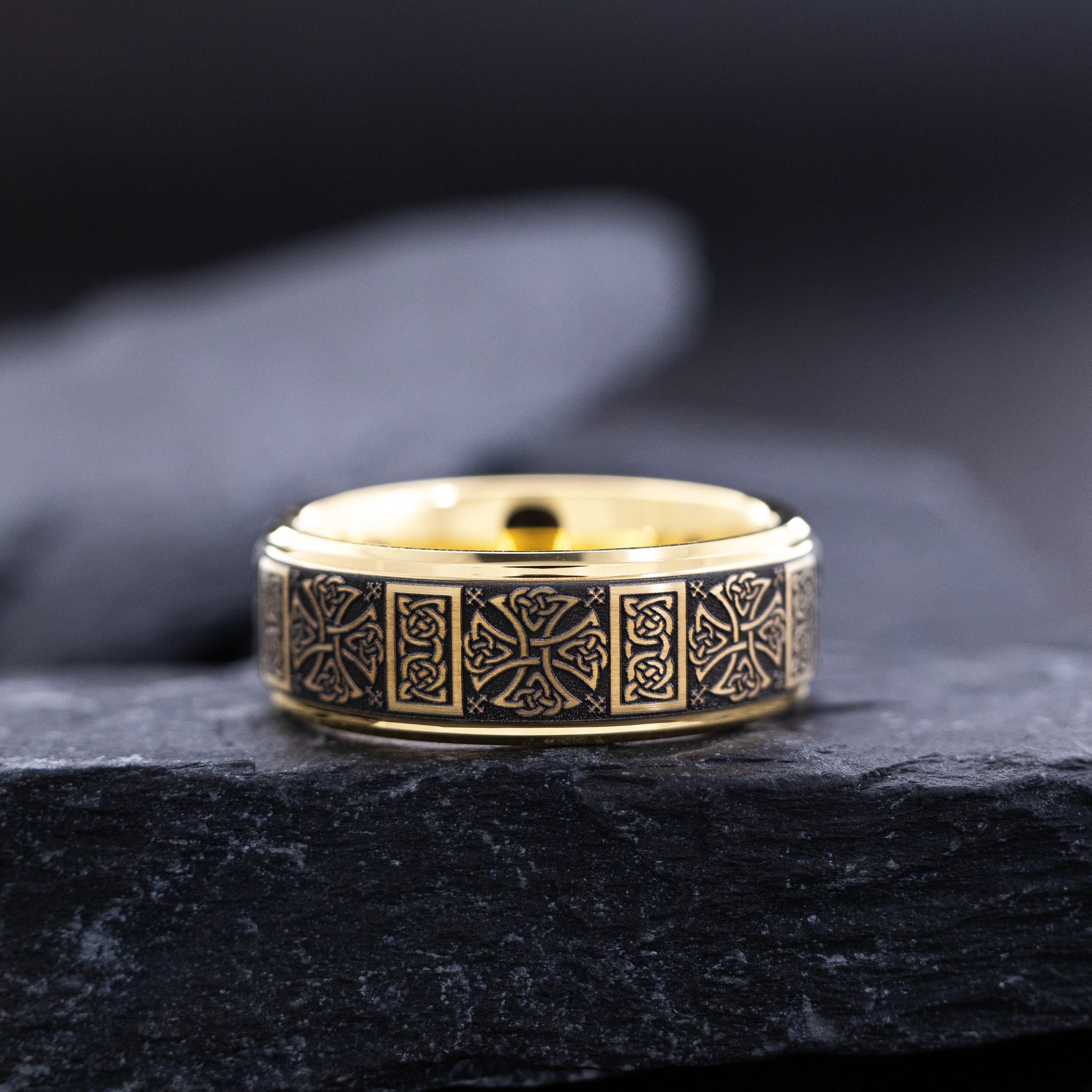8mm Yellow Gold Plated Tungsten Carbide Band with Celtic Themed Deep Engravings