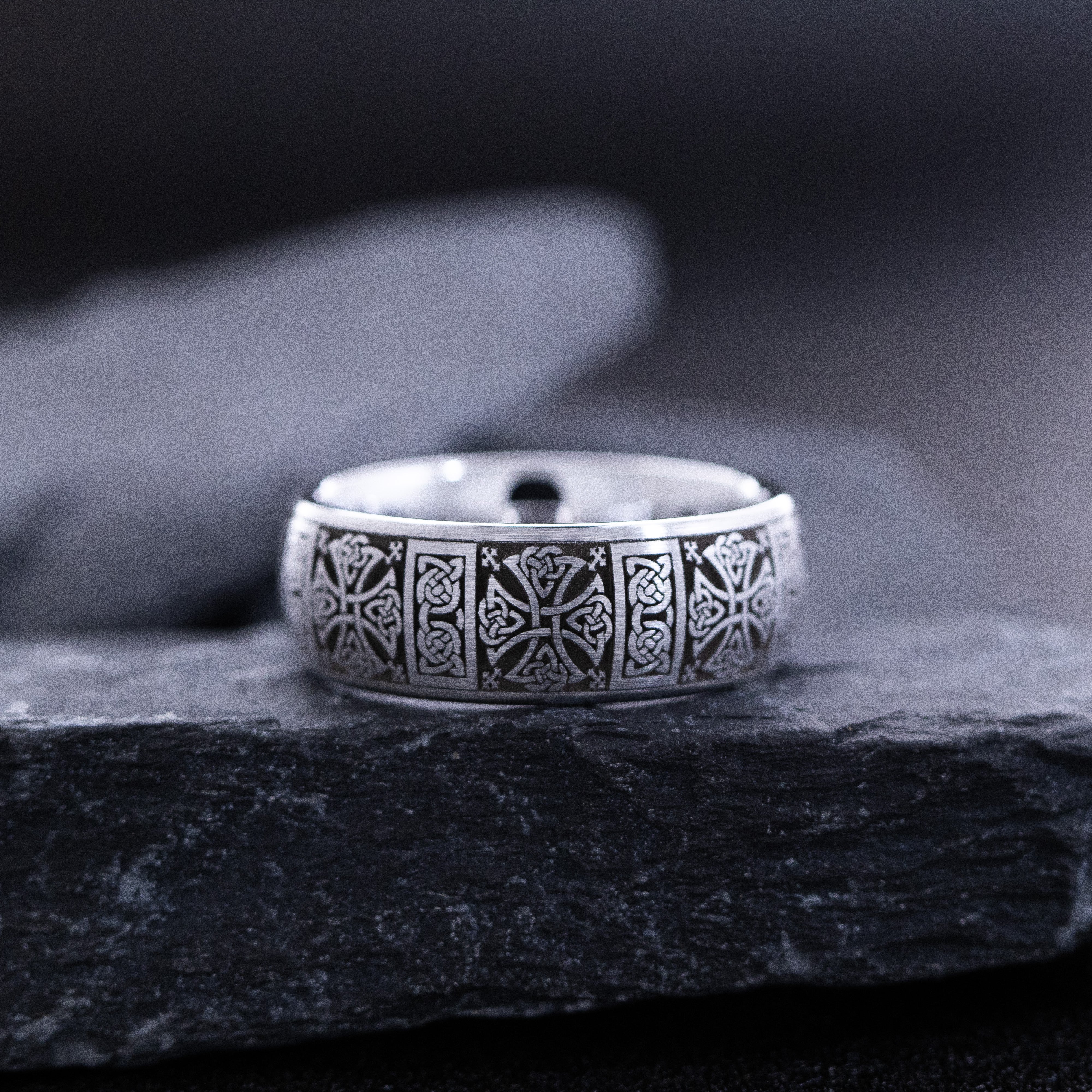 8mm Tungsten Carbide Ring with Ancient Irish Themed Deep Engravings