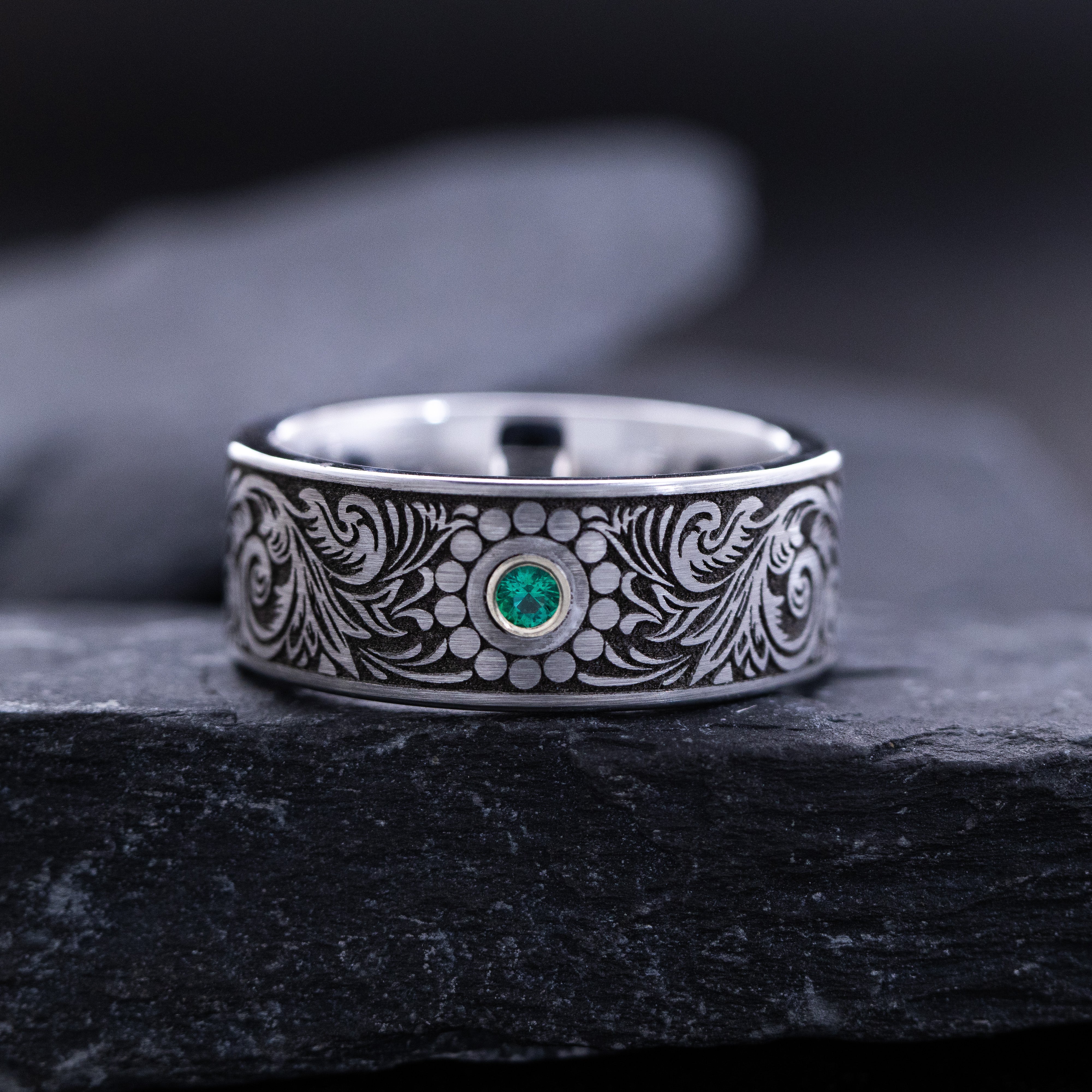 9mm Tungsten Carbide Ring with Gemstone and Victorian Theme Floral Deep Engravings