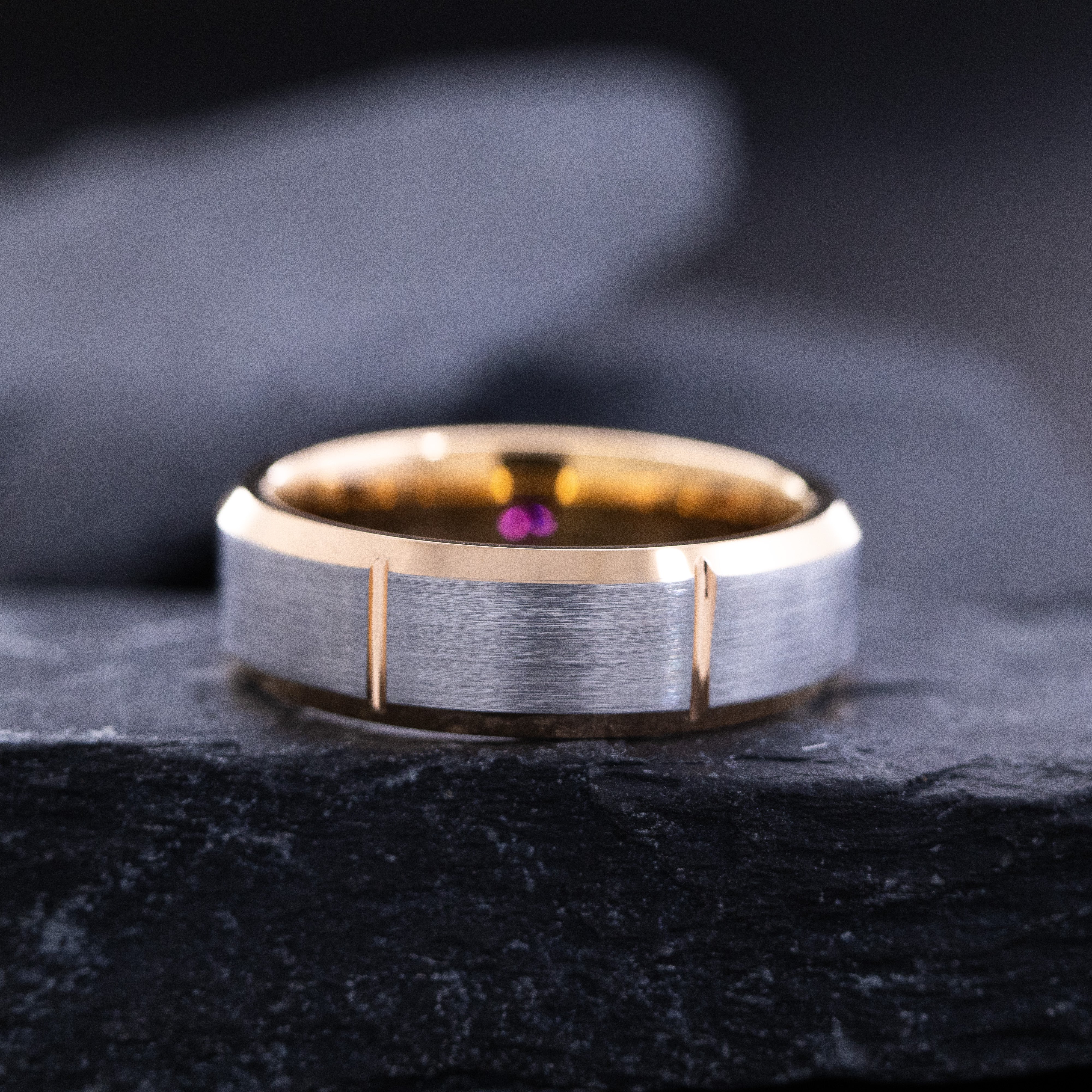 8mm Rose Gold Plated and Notched Tungsten Ring with Round Cut Gemstone