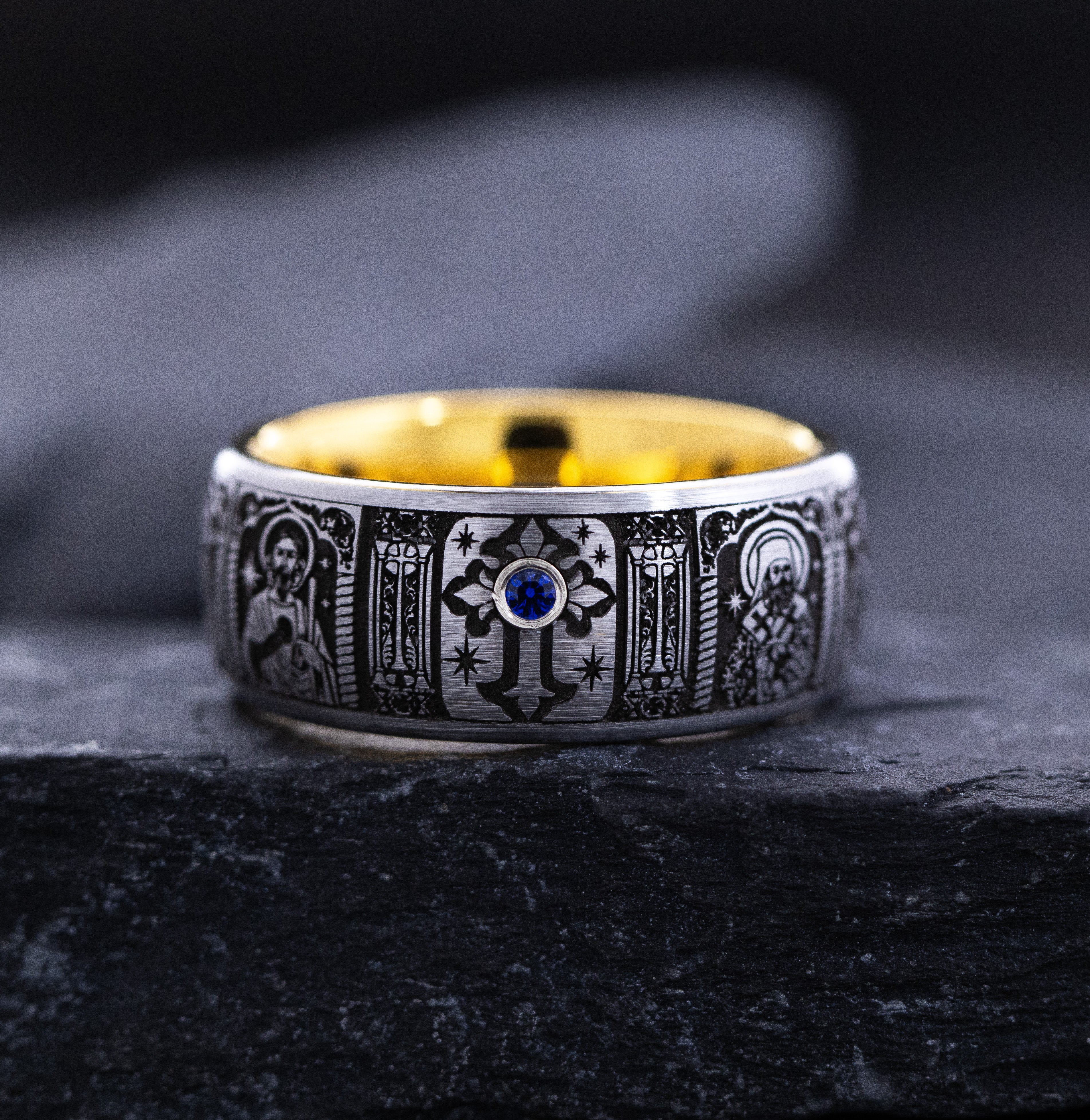 8mm Tungsten Carbide Ring with Yellow Gold Plating, Gemstone and Christian Saints Deep Engraved