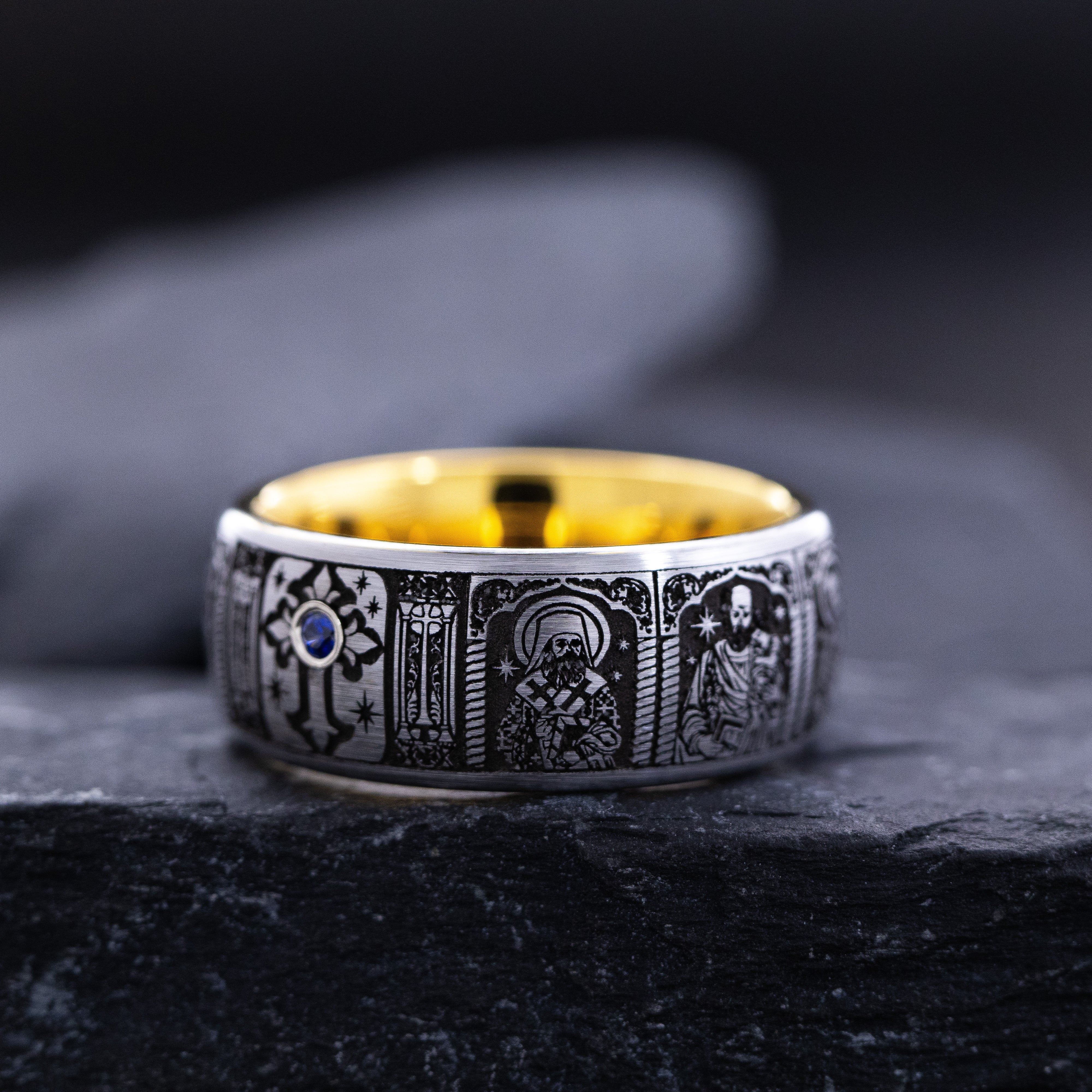 8mm Tungsten Carbide Ring with Yellow Gold Plating, Gemstone and Christian Saints Deep Engraved
