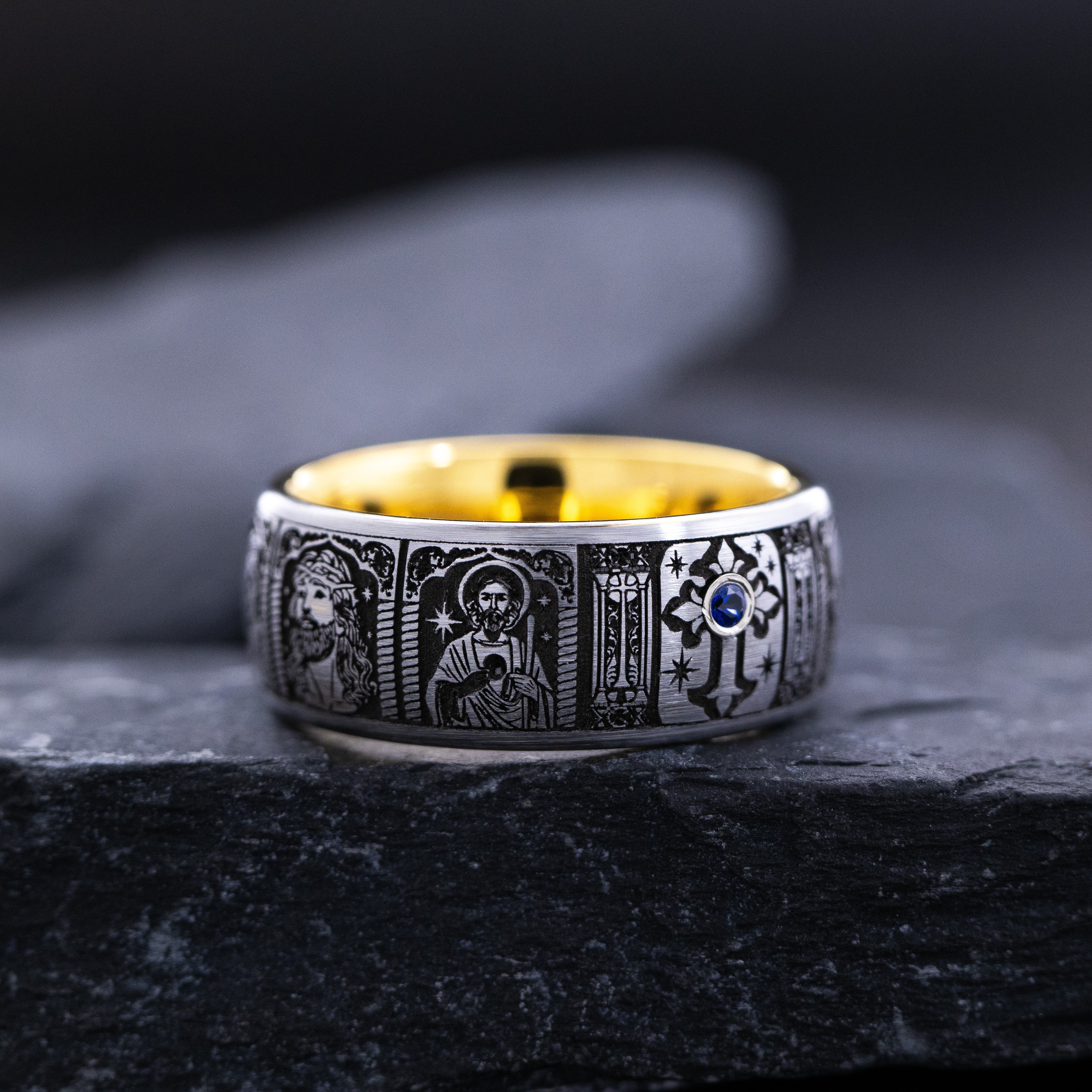 8mm Tungsten Carbide Ring with Yellow Gold Plating, Gemstone and Christian Saints Deep Engraved