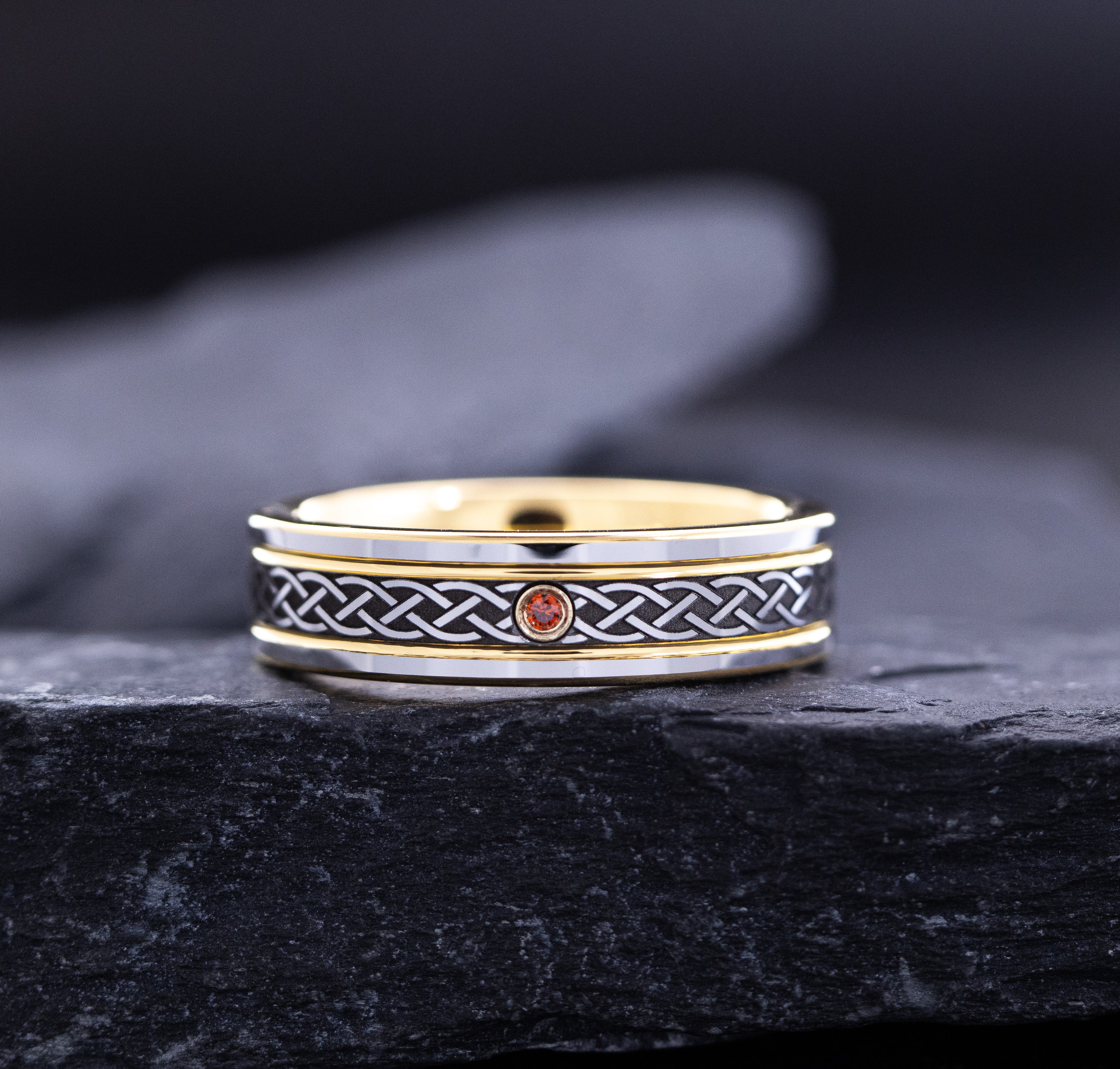 Yellow Gold Plated 6mm Tungsten Carbide Ring With Round Cut Gemstone and Celtic Knot Engraving