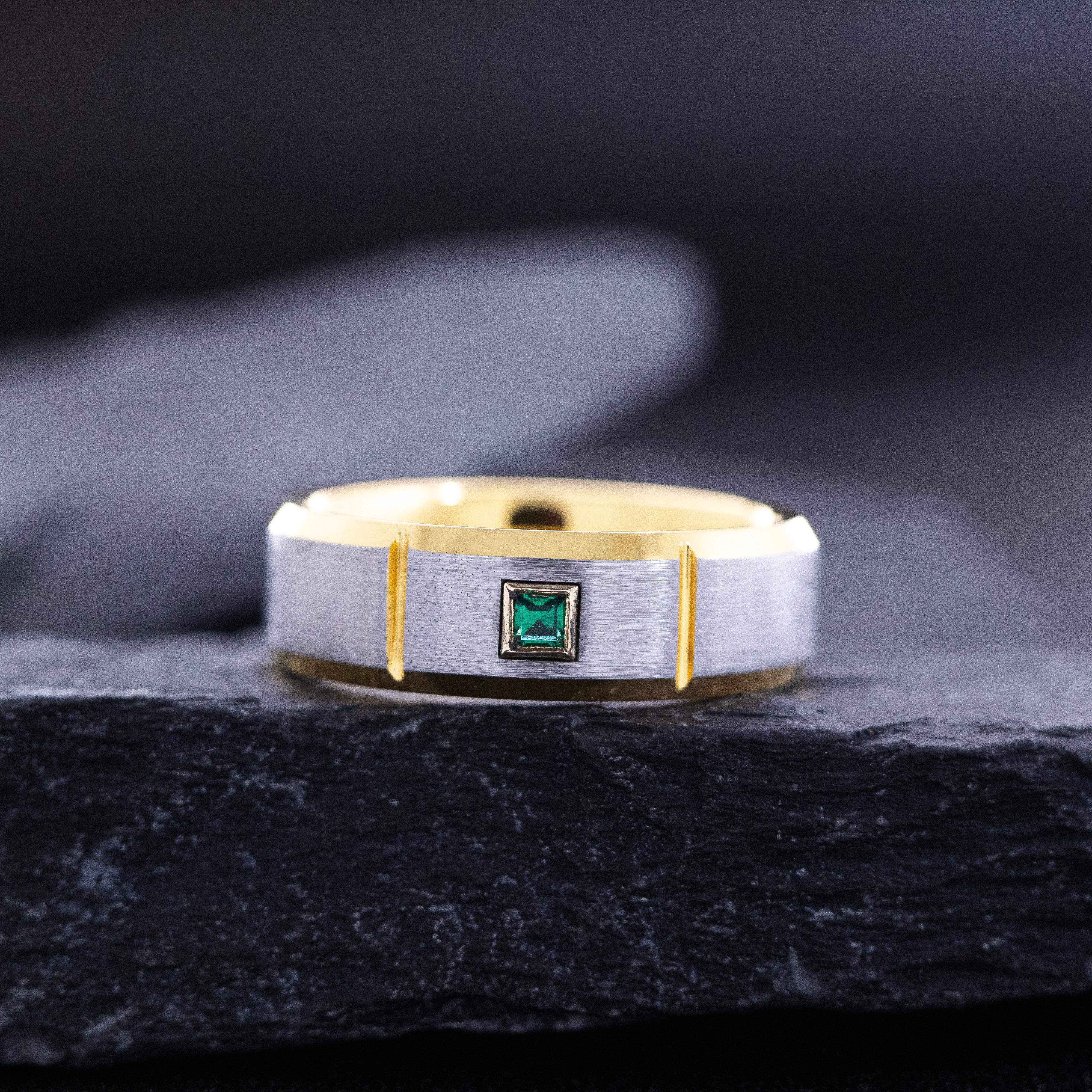 8mm Yellow Gold Plated and Notched Tungsten Carbide with Princess Cut Gemstone