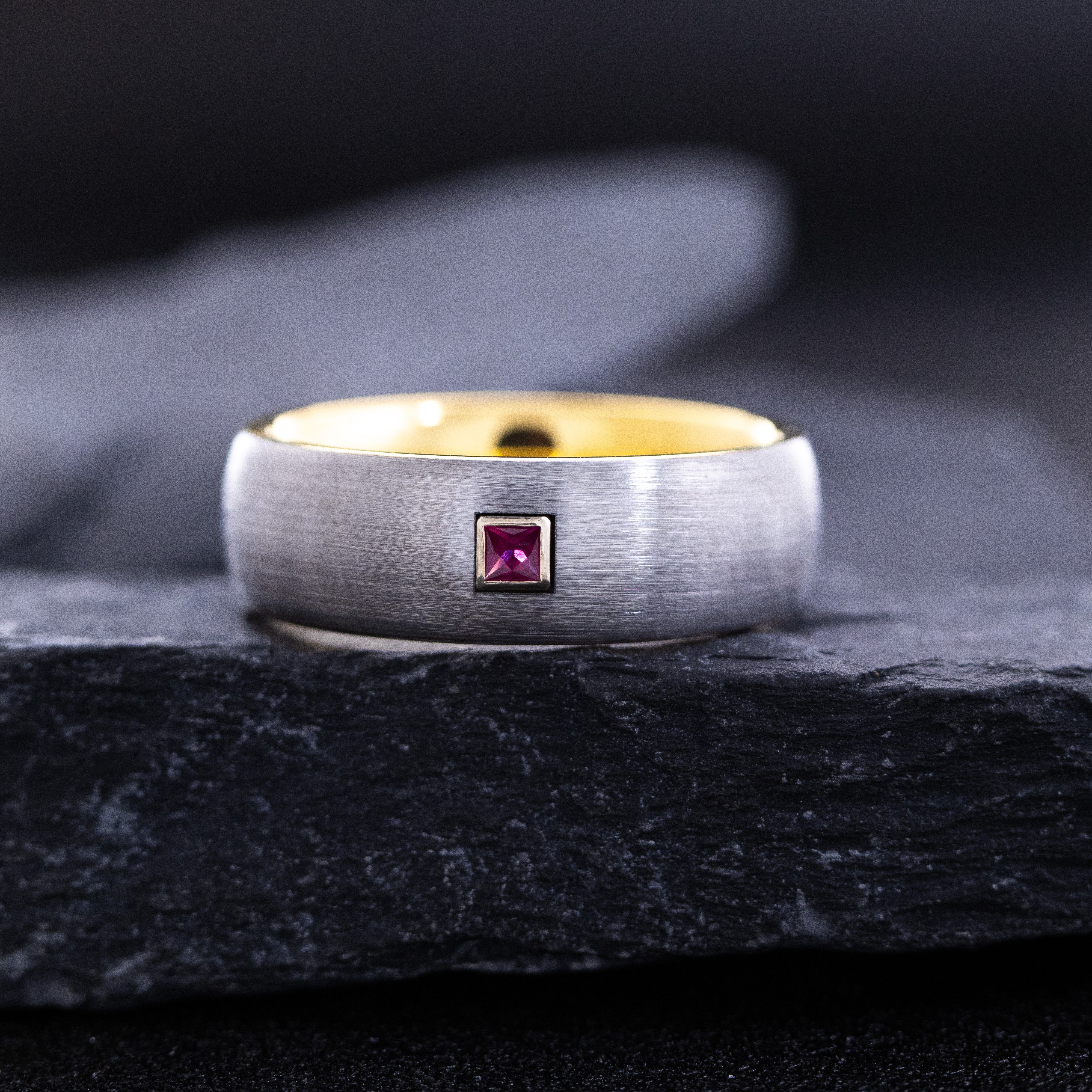 8mm Yellow Gold Plated and Silver Tungsten Carbide Ring with Princess Cut Birthstone