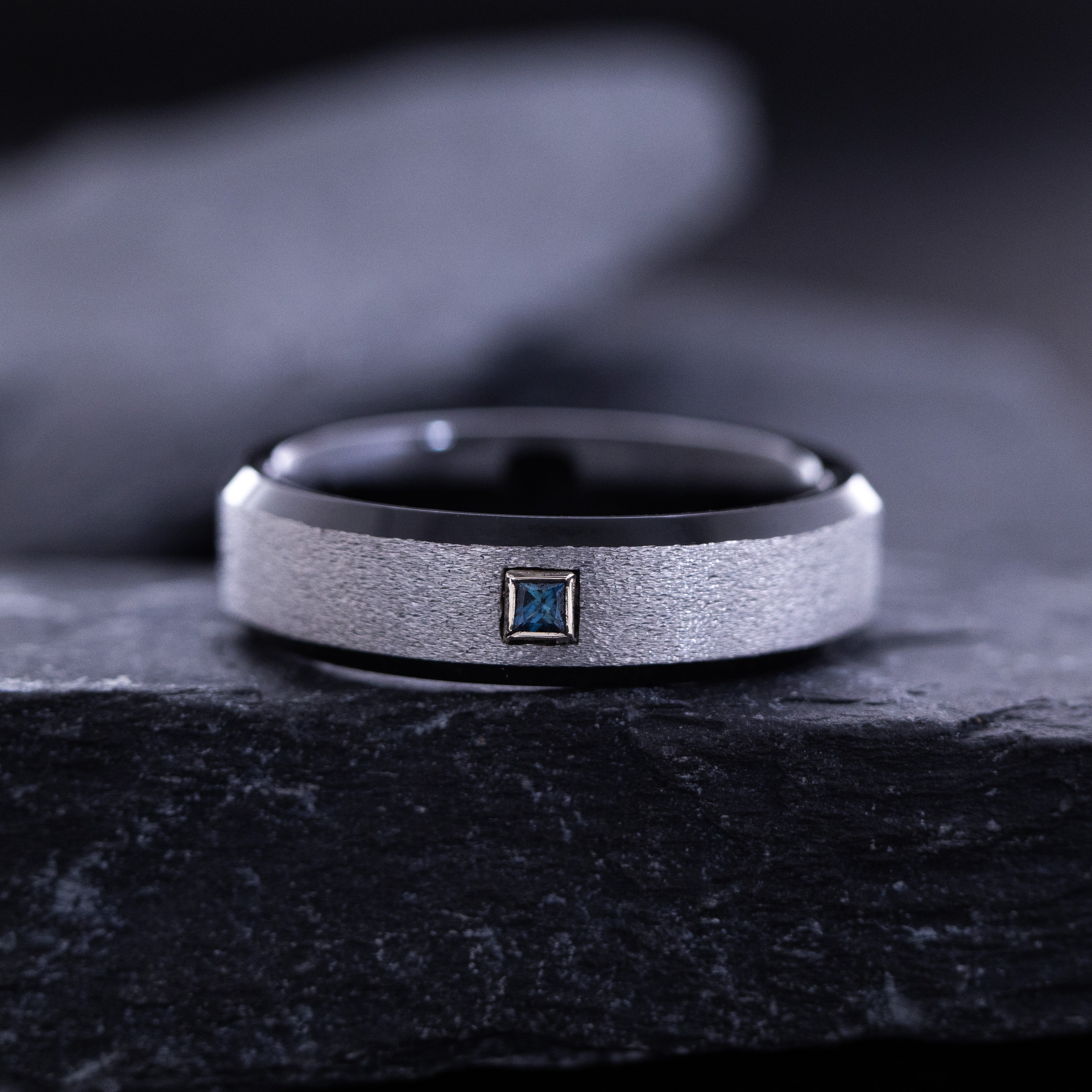 6mm Silver Stone Finished Tungsten Carbide with Princess Cut Gemstone