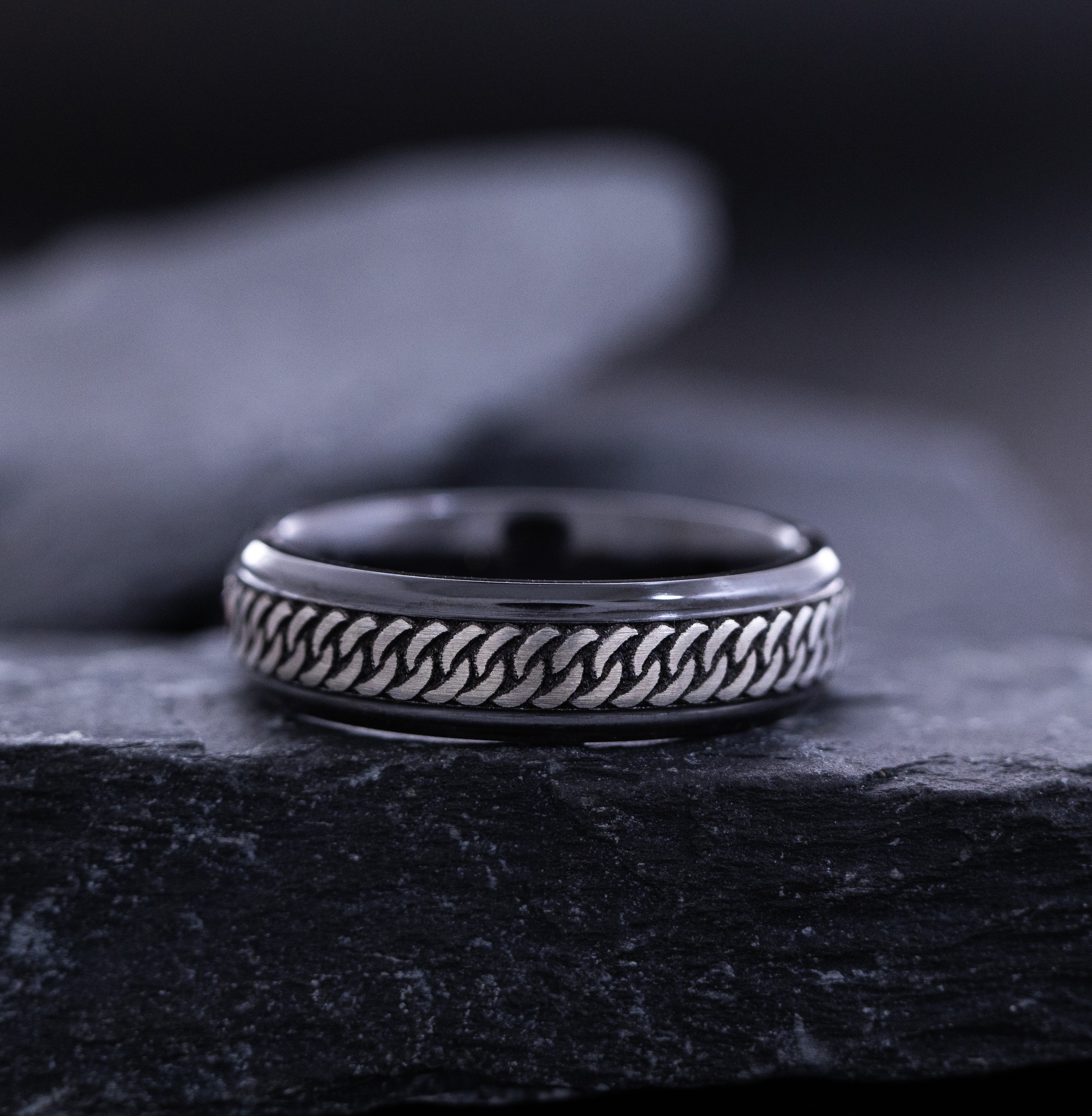 6mm Black Zirconium Ring with Engraved Celtic Knot and Round Cut Birthstone