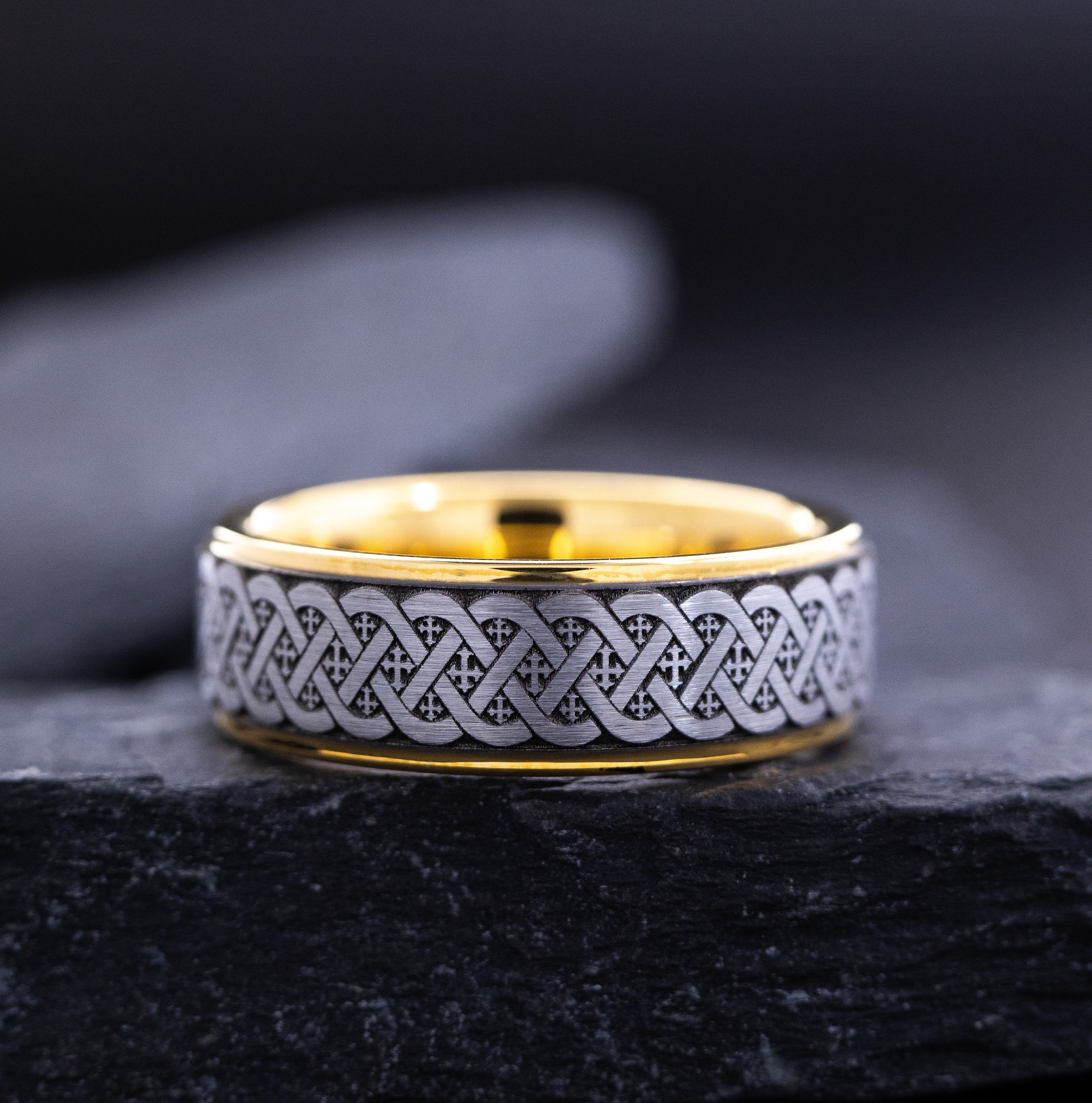 8mm Yellow Gold Plated Tungsten Ring with Deep Engraved Knots and Crosses