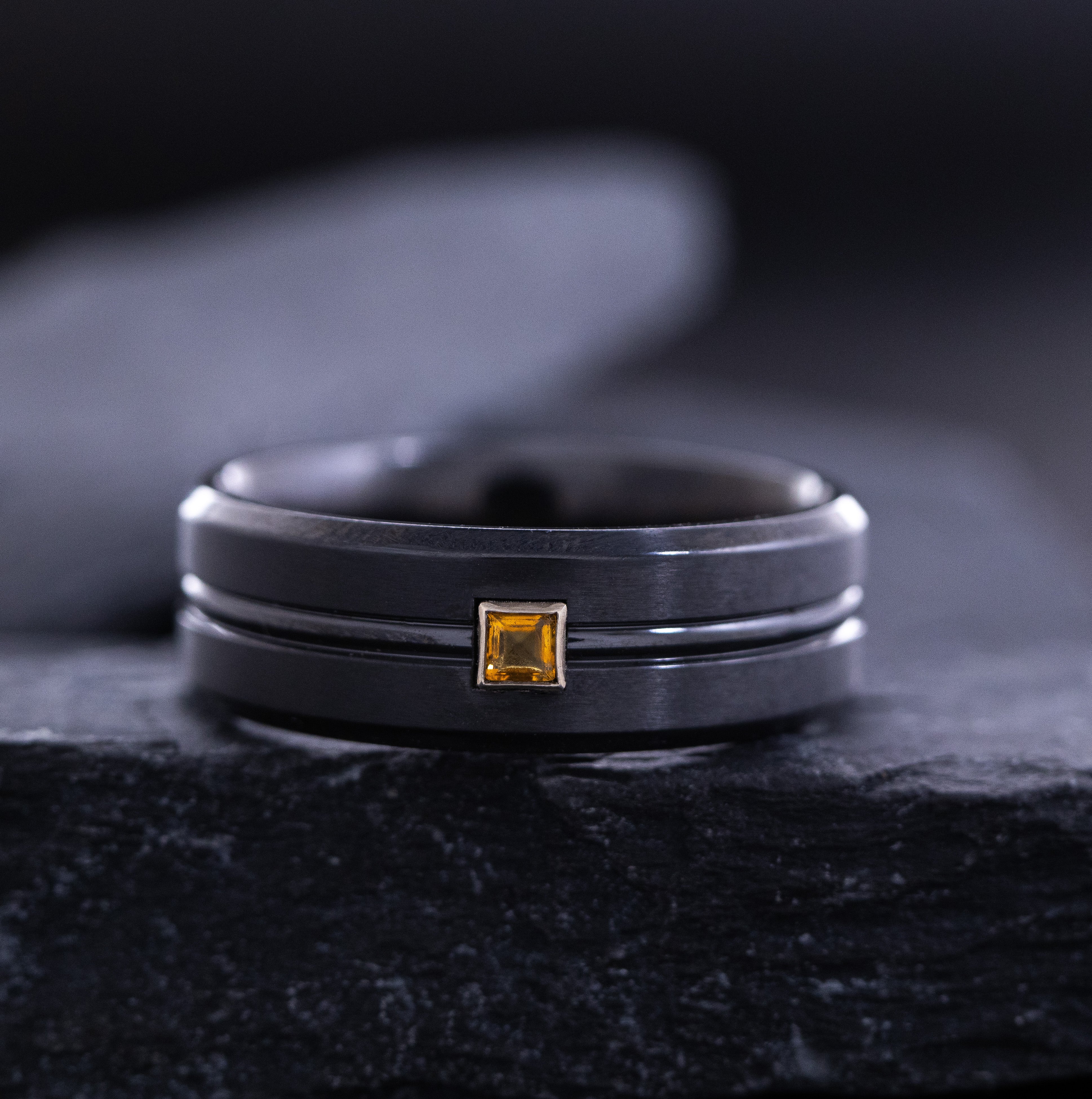 8mm Black Zirconium Ring with Princess Cut Gemstone and Groove