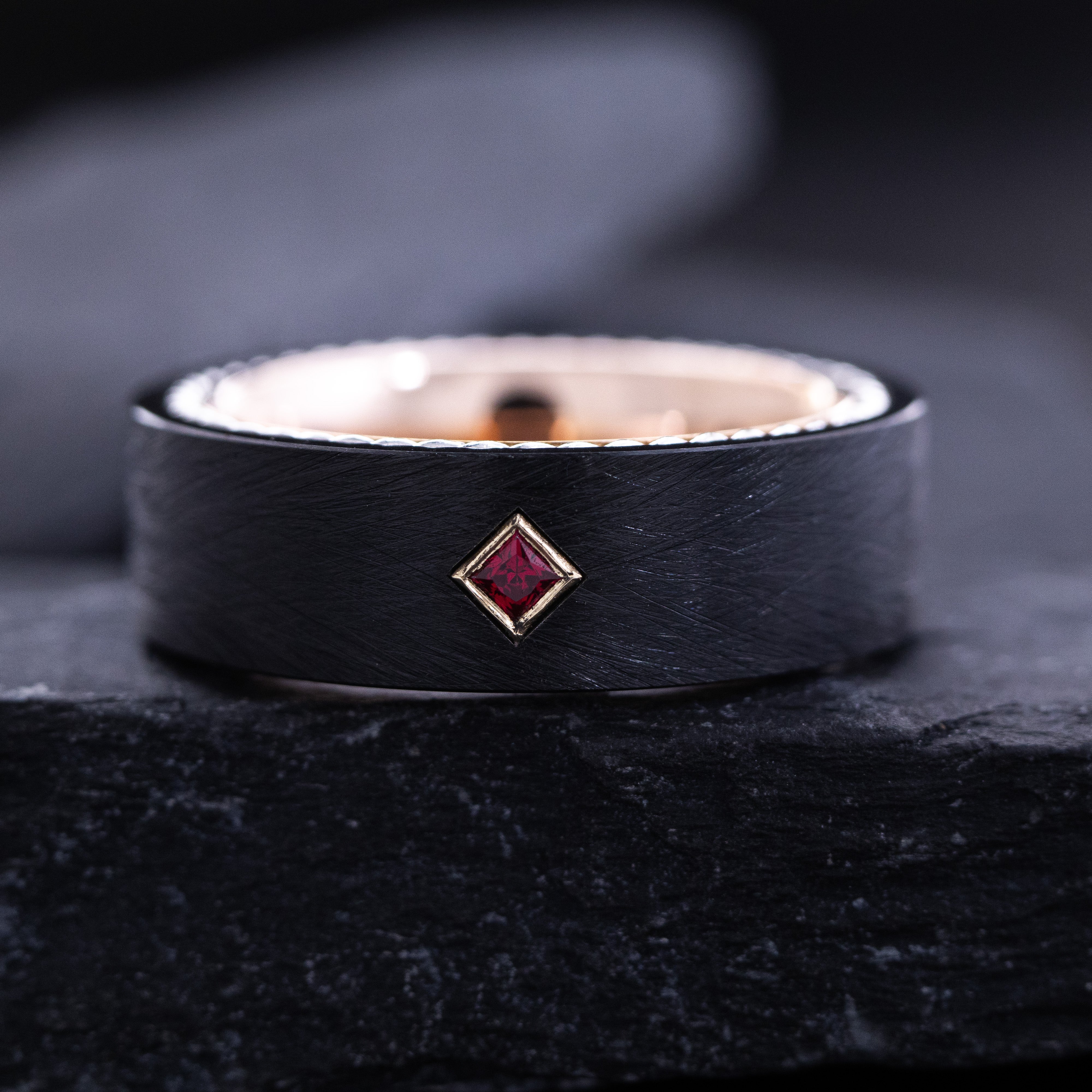 8mm Black and Rose Gold Tungsten Ring with Twisted Rope and Personalized Princess Cut Gemstone