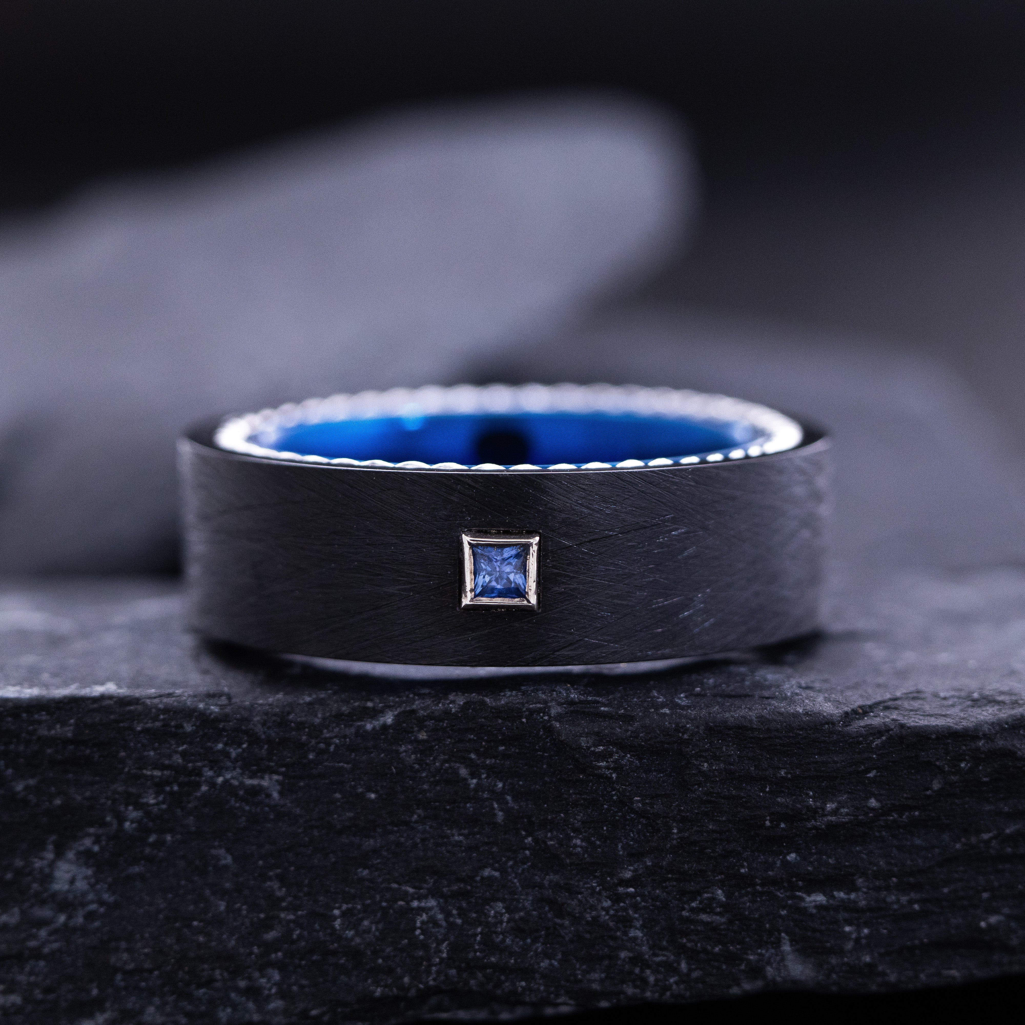 8mm Flat Blue and Black Tungsten Carbide Ring with Gemstone and Twisted Rope Edges