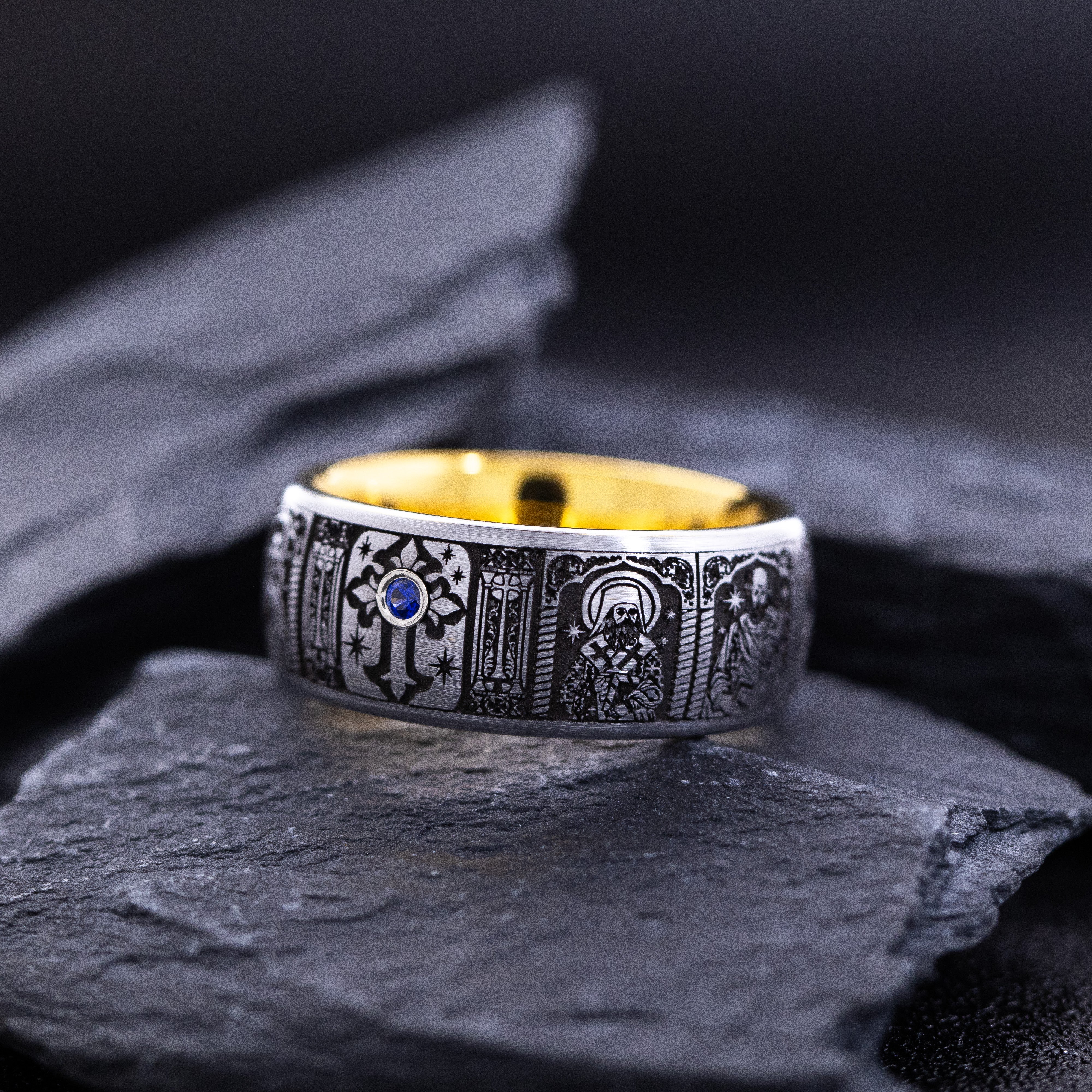 8mm Tungsten Carbide Ring with Yellow Gold Plating, Gemstone and Christian Saints Deep Engraved