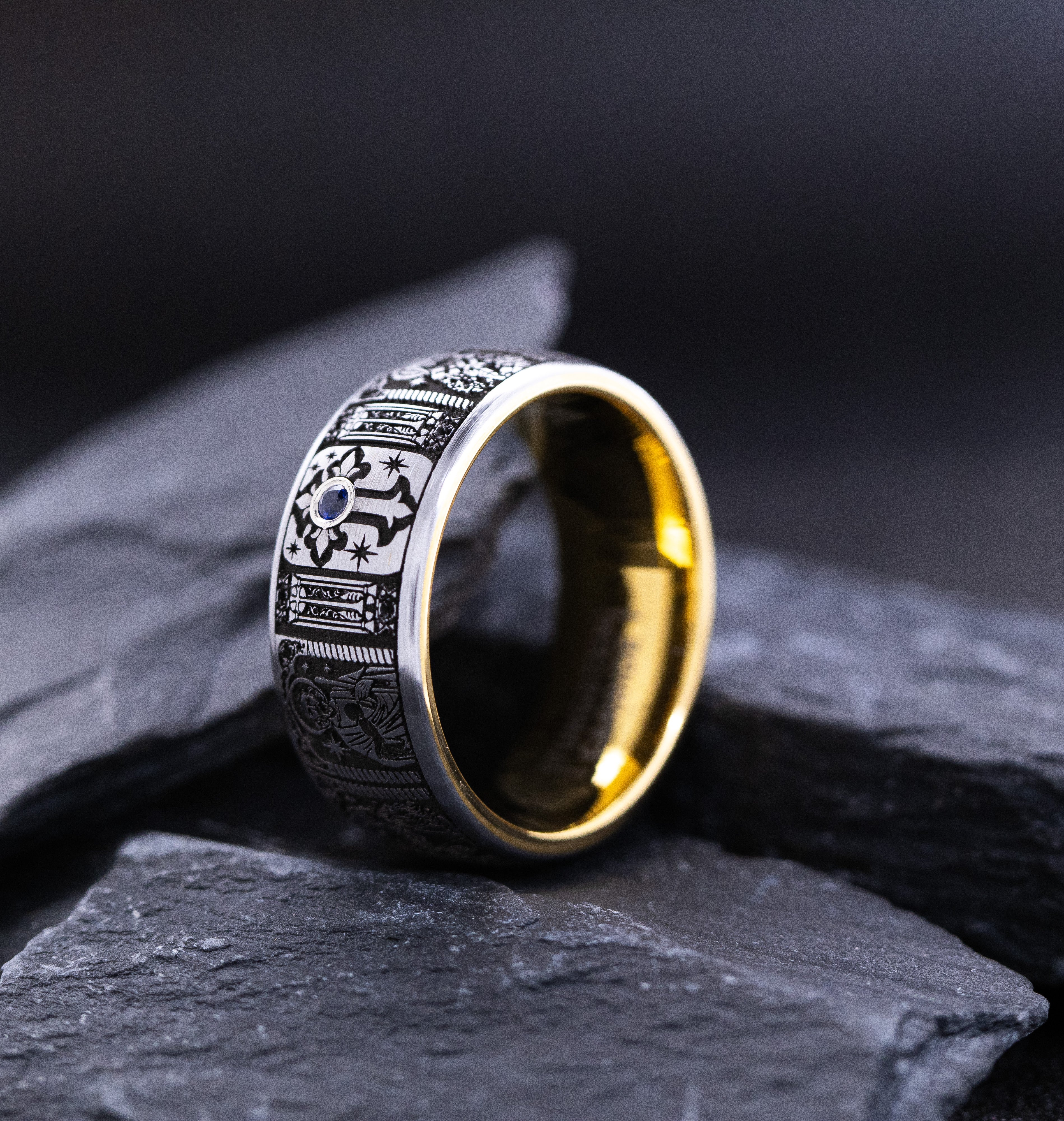 8mm Tungsten Carbide Ring with Yellow Gold Plating, Gemstone and Christian Saints Deep Engraved