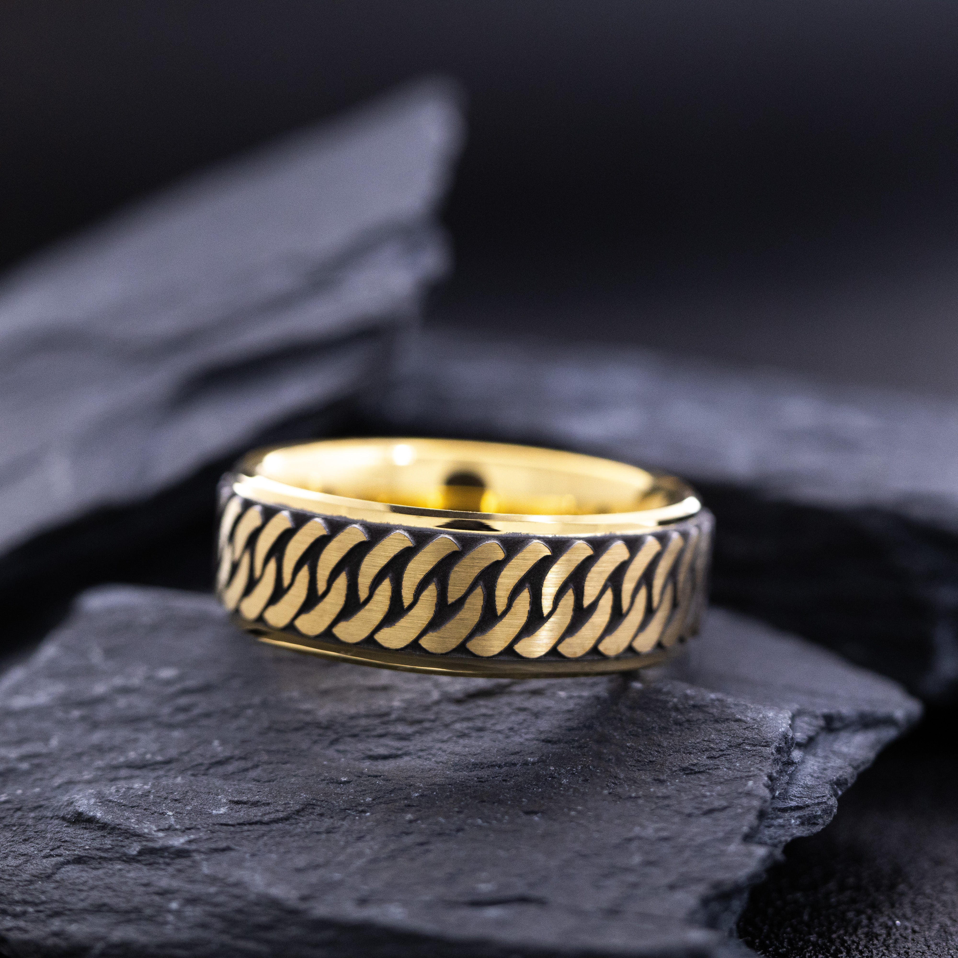 8mm Yellow Gold Plated Celtic Knot Tungsten Ring with Deep Black Engravings, Engraved Wedding Band