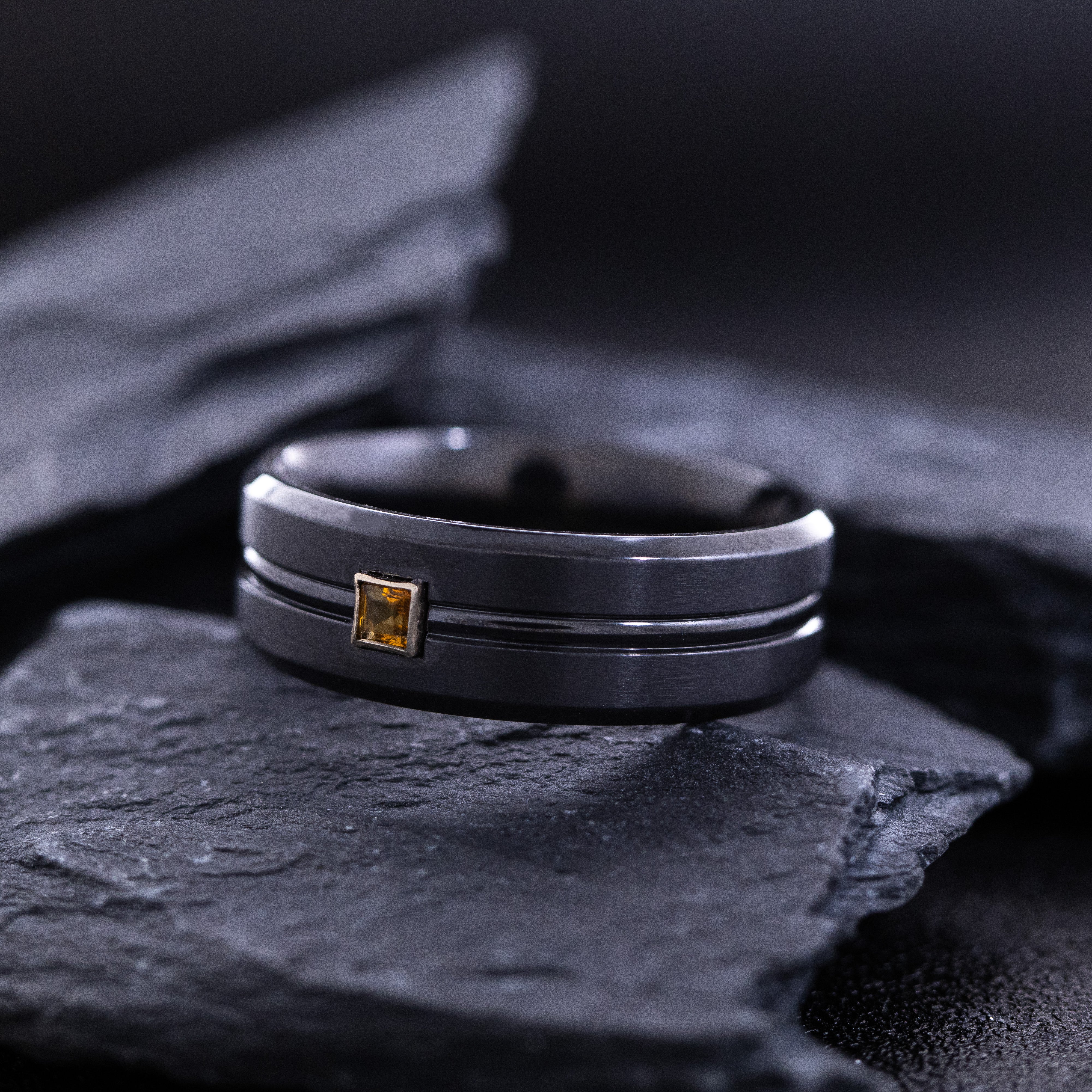 8mm Black Zirconium Ring with Princess Cut Gemstone and Groove