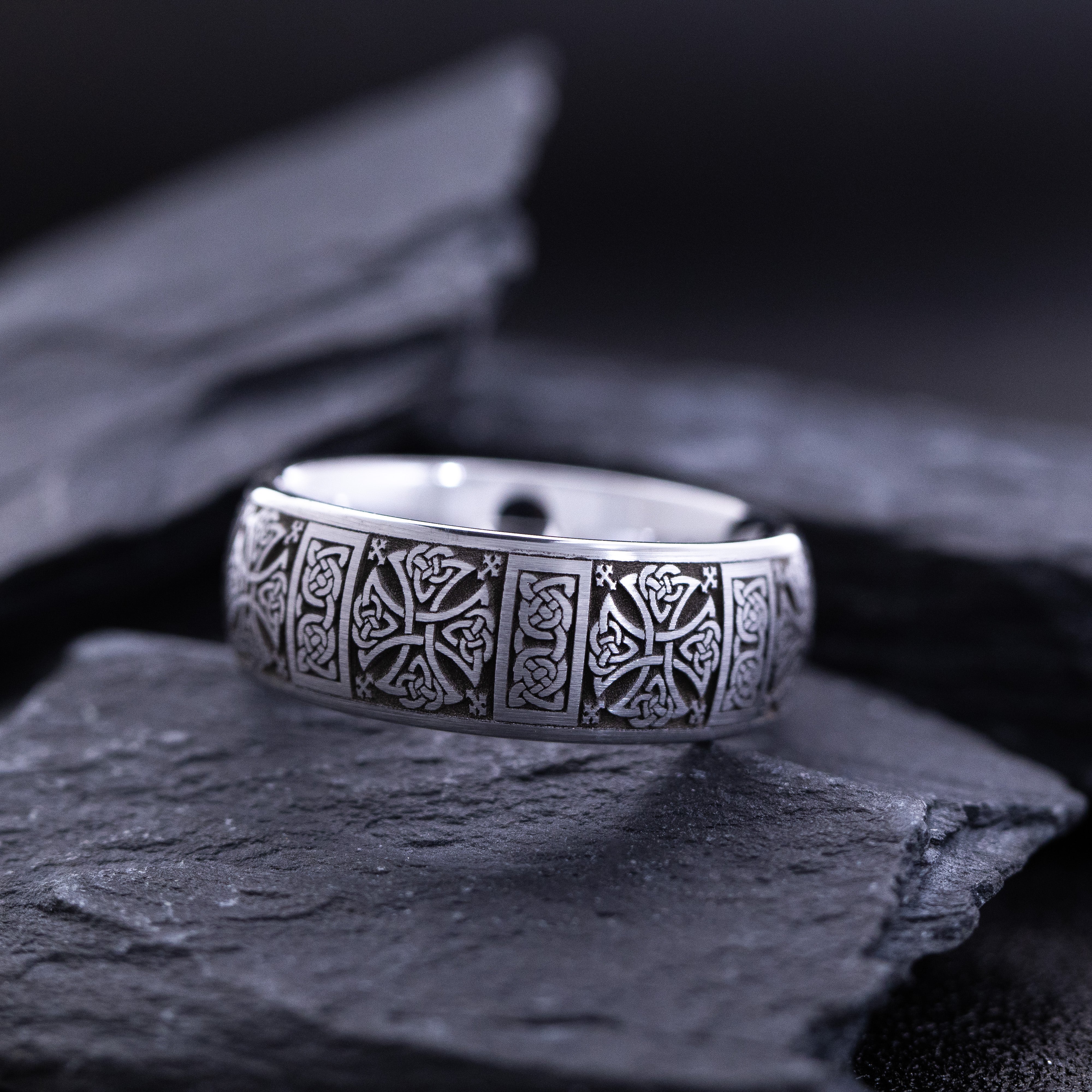 8mm Tungsten Carbide Ring with Ancient Irish Themed Deep Engravings