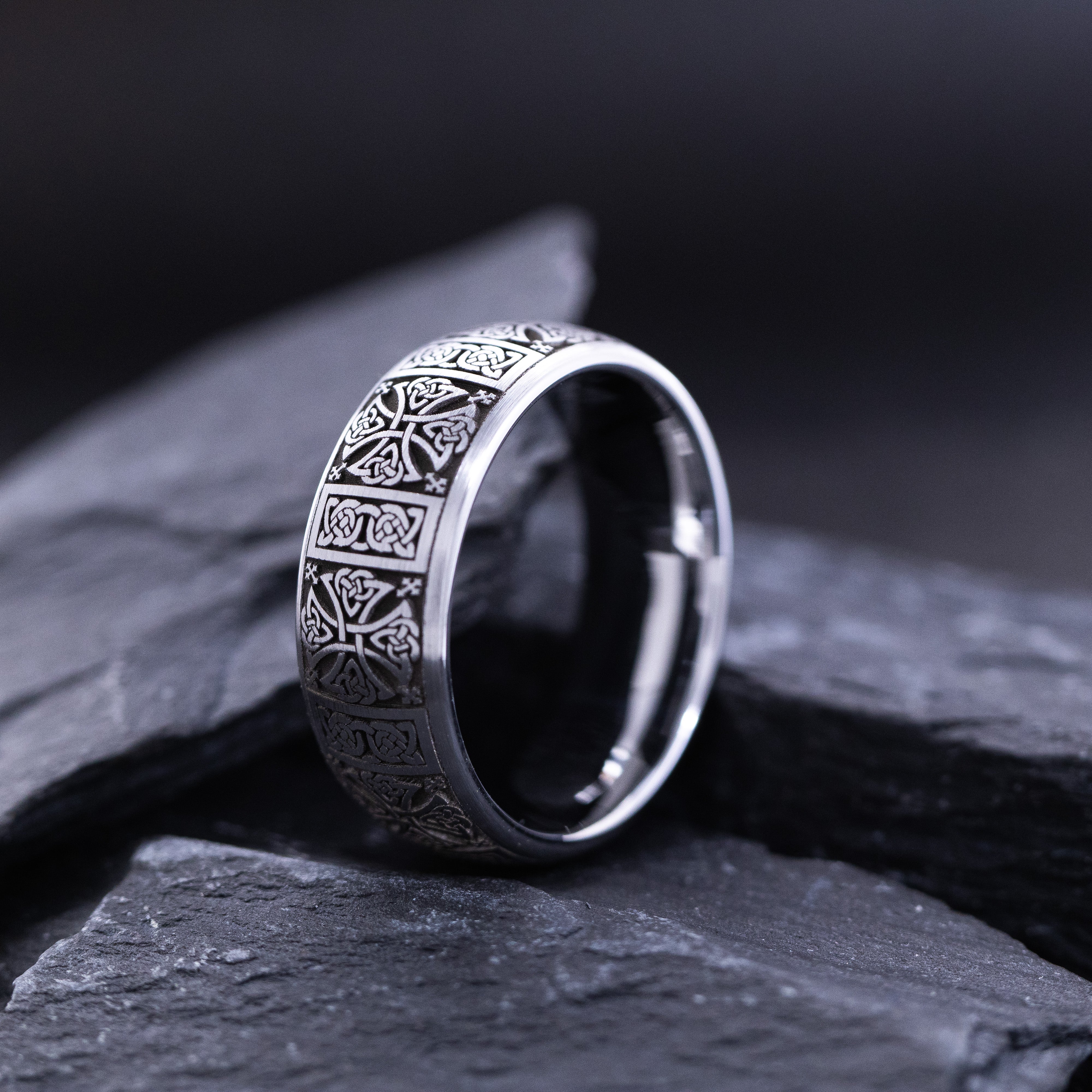 8mm Tungsten Carbide Ring with Ancient Irish Themed Deep Engravings