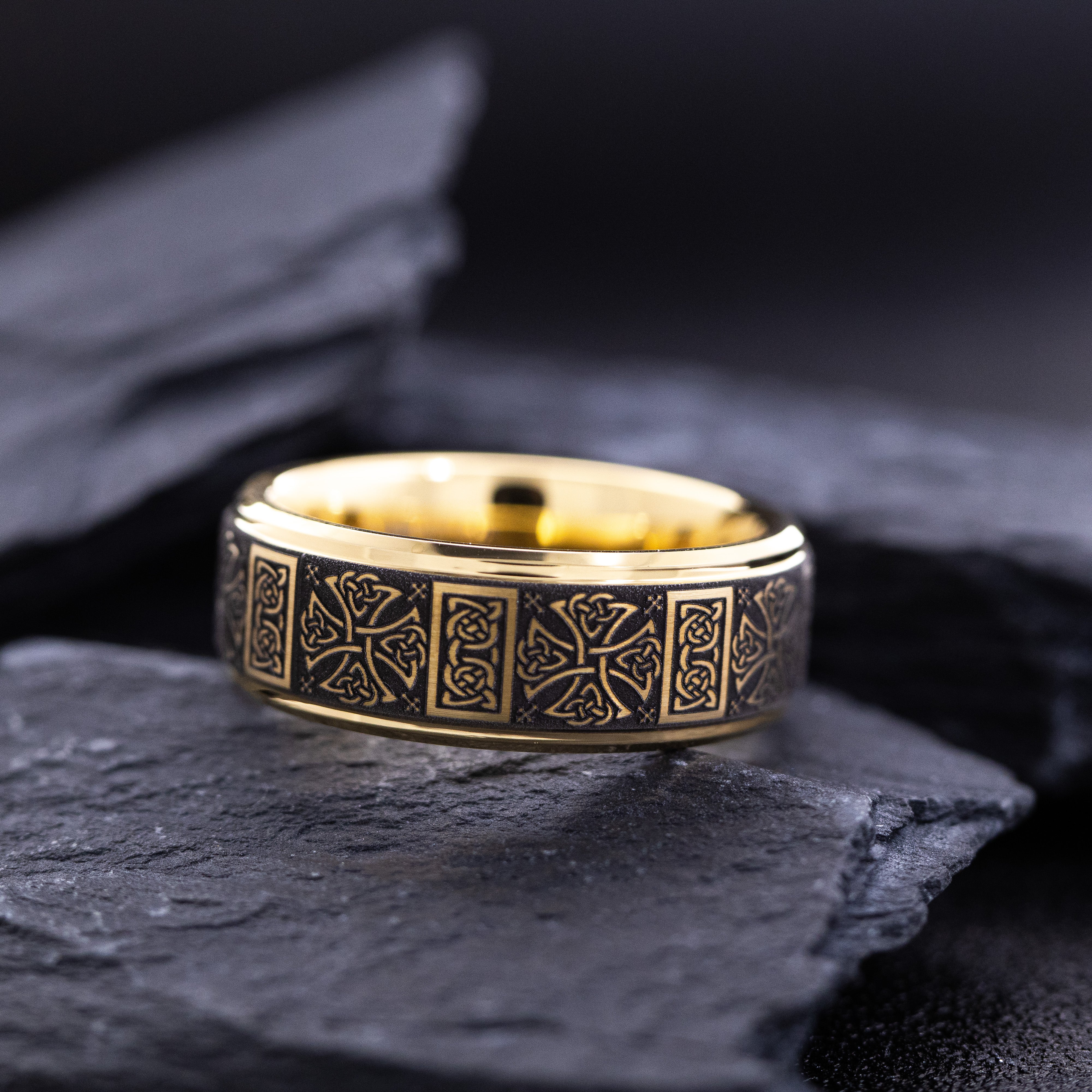 8mm Yellow Gold Plated Tungsten Carbide Band with Celtic Themed Deep Engravings