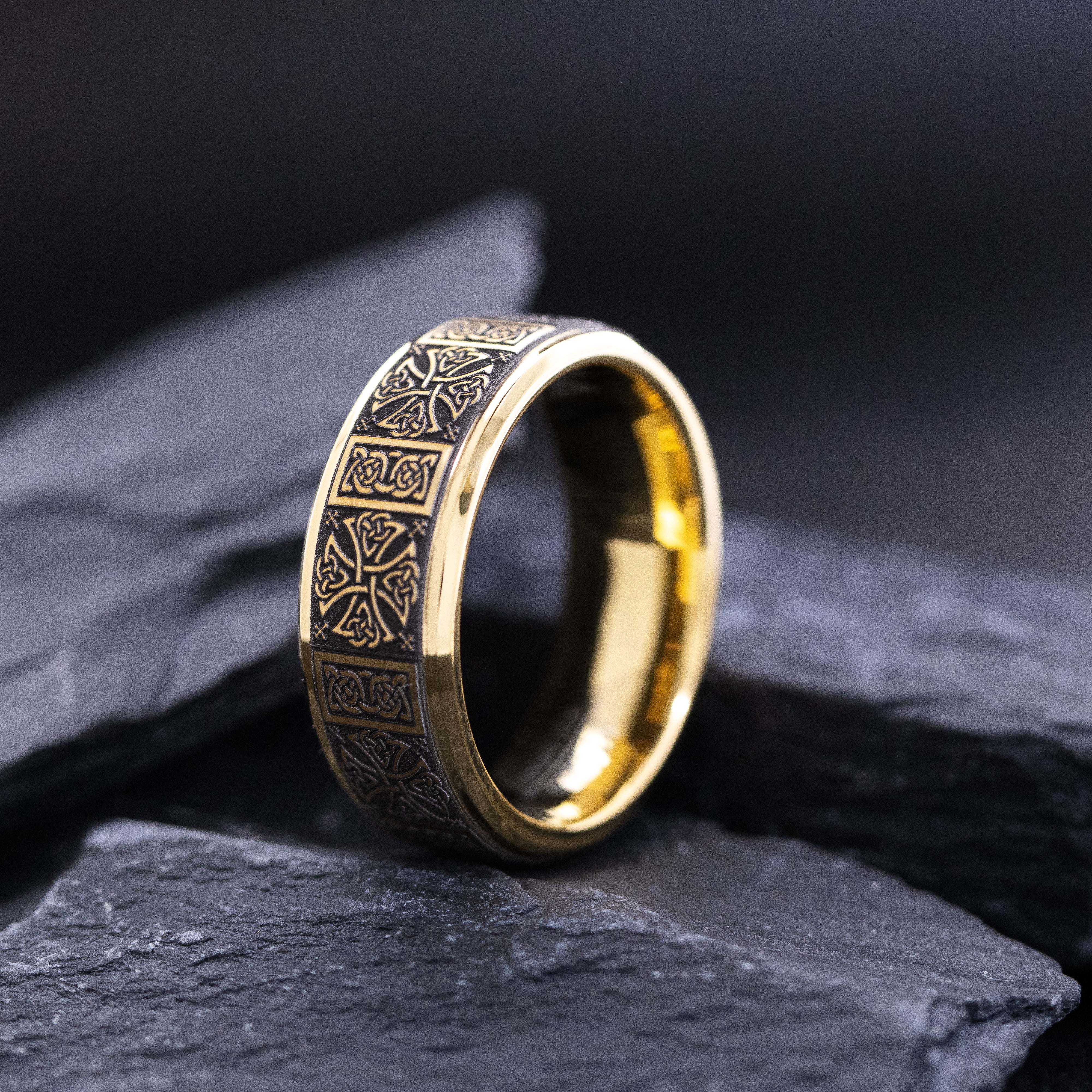8mm Yellow Gold Plated Tungsten Carbide Band with Celtic Themed Deep Engravings