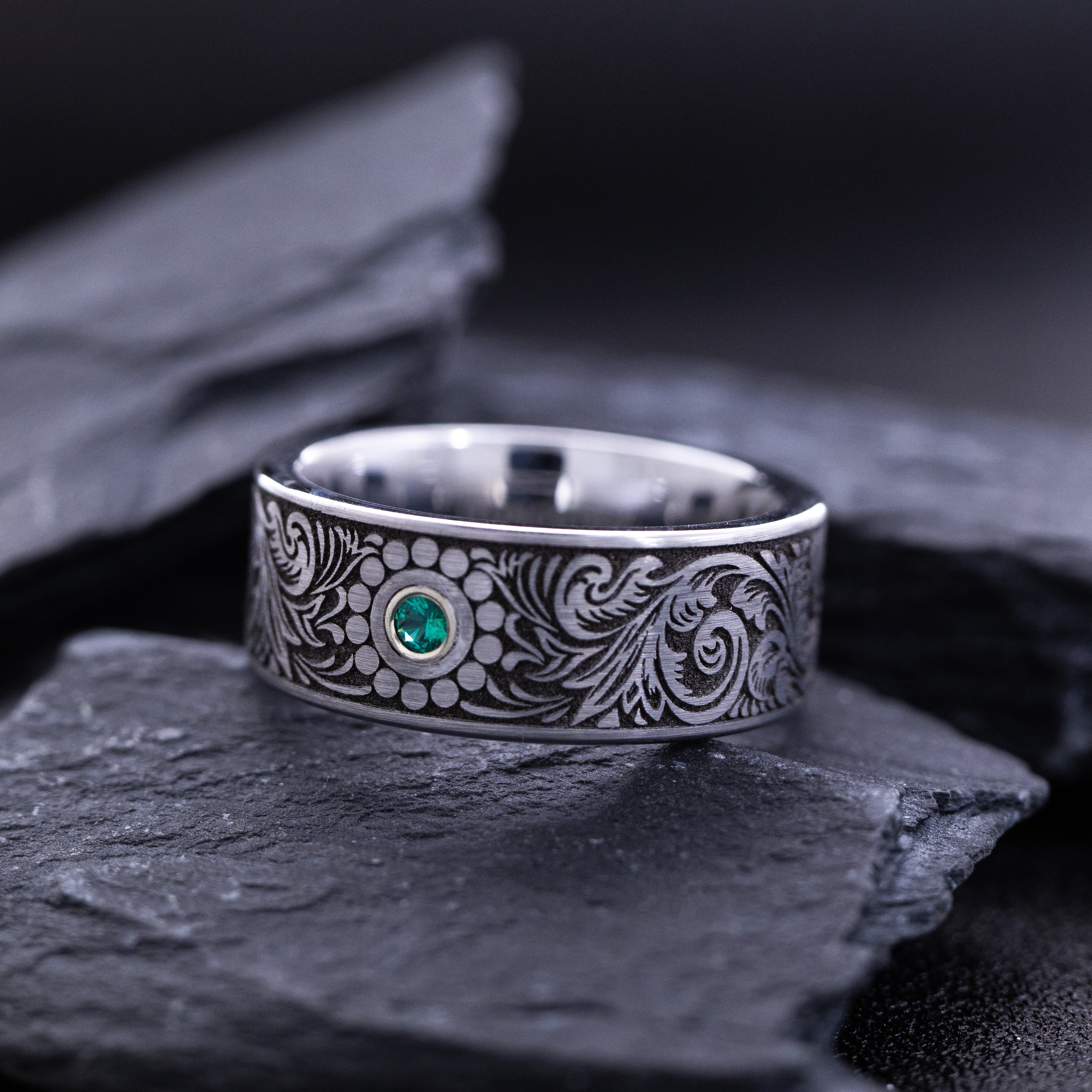 9mm Tungsten Carbide Ring with Gemstone and Victorian Theme Floral Deep Engravings