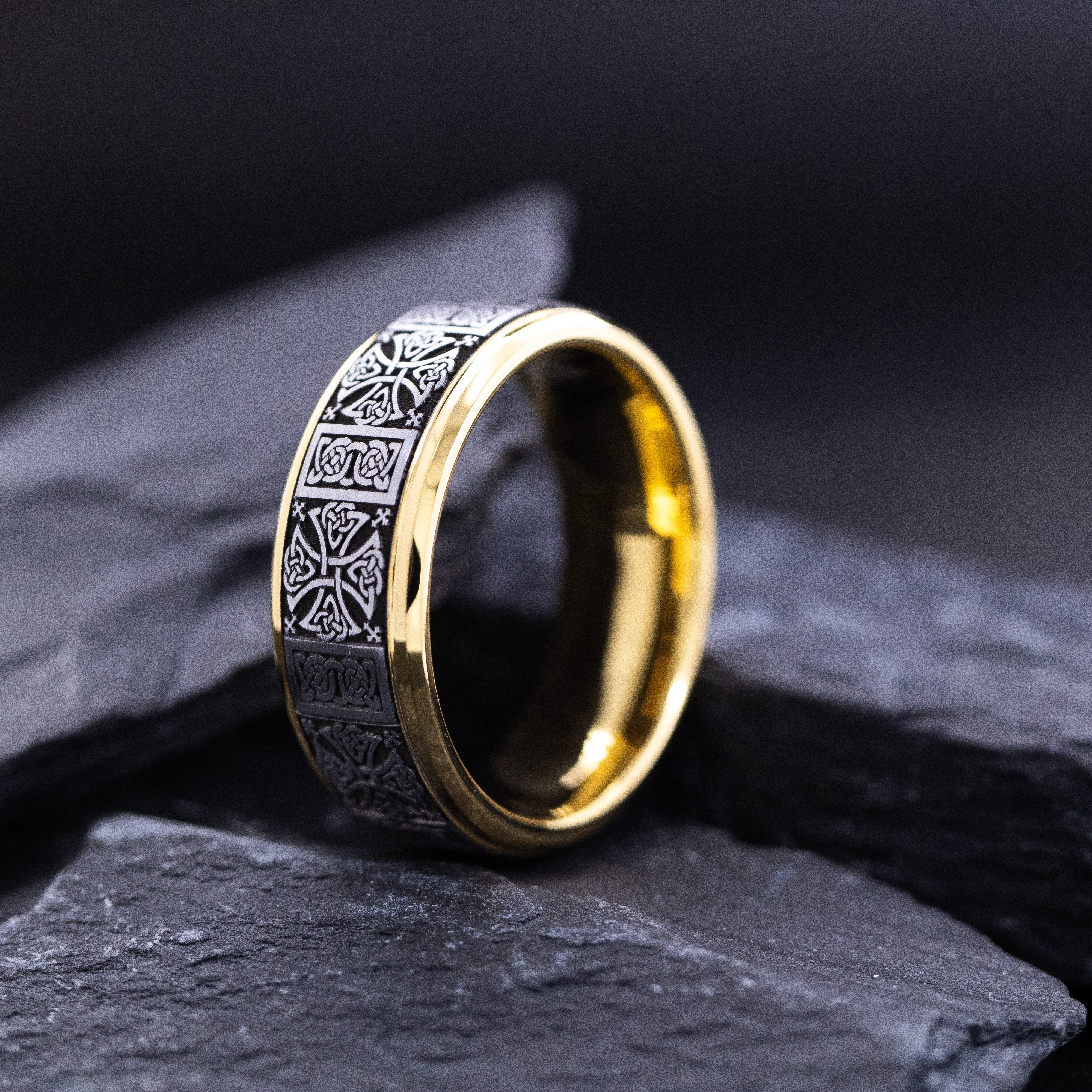 8mm Silver and Yellow Gold Plated Tungsten Carbide Ring with Deep Engraved Ancient Celtic Knotwork