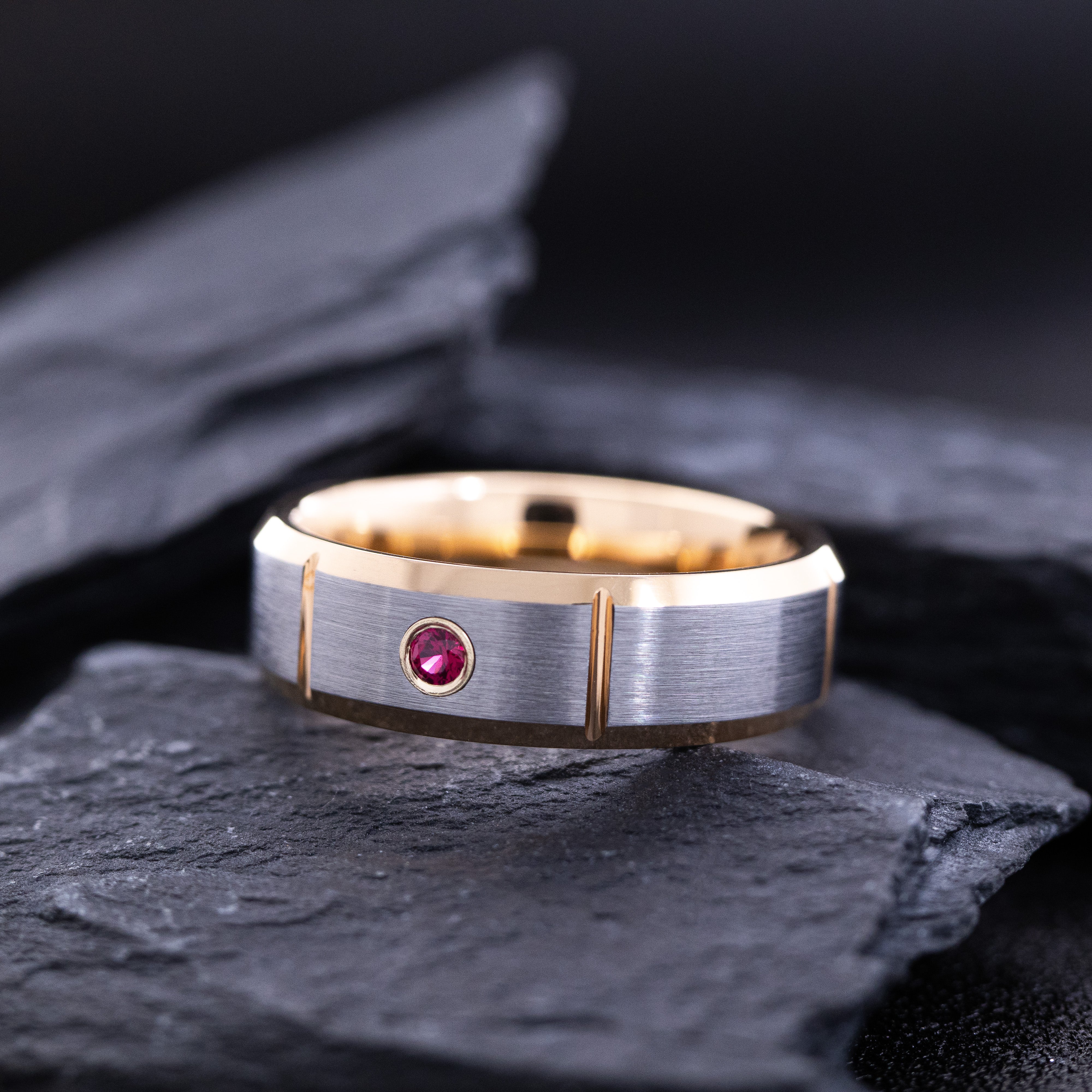 8mm Rose Gold Plated and Notched Tungsten Ring with Round Cut Gemstone