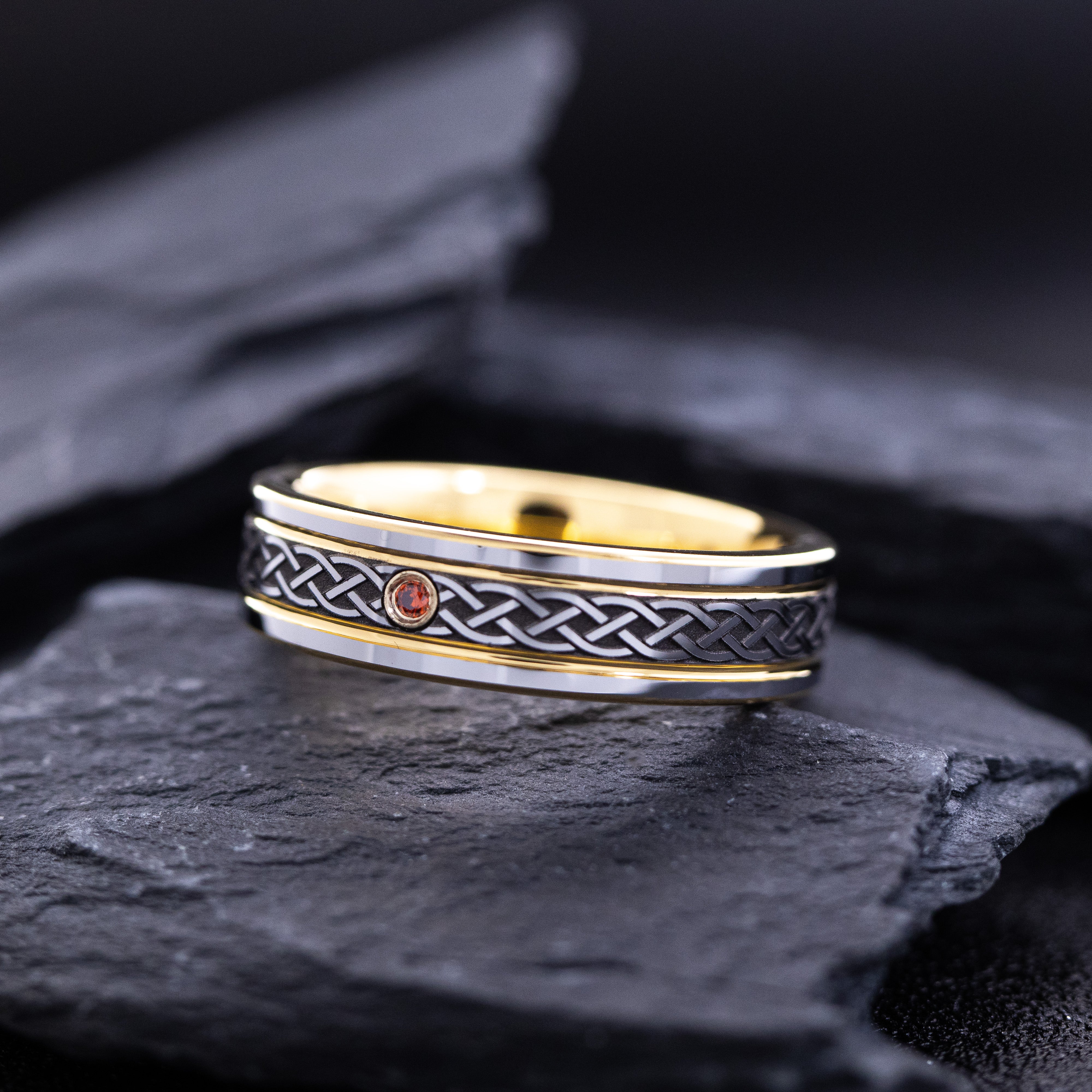 Yellow Gold Plated 6mm Tungsten Carbide Ring With Round Cut Gemstone and Celtic Knot Engraving