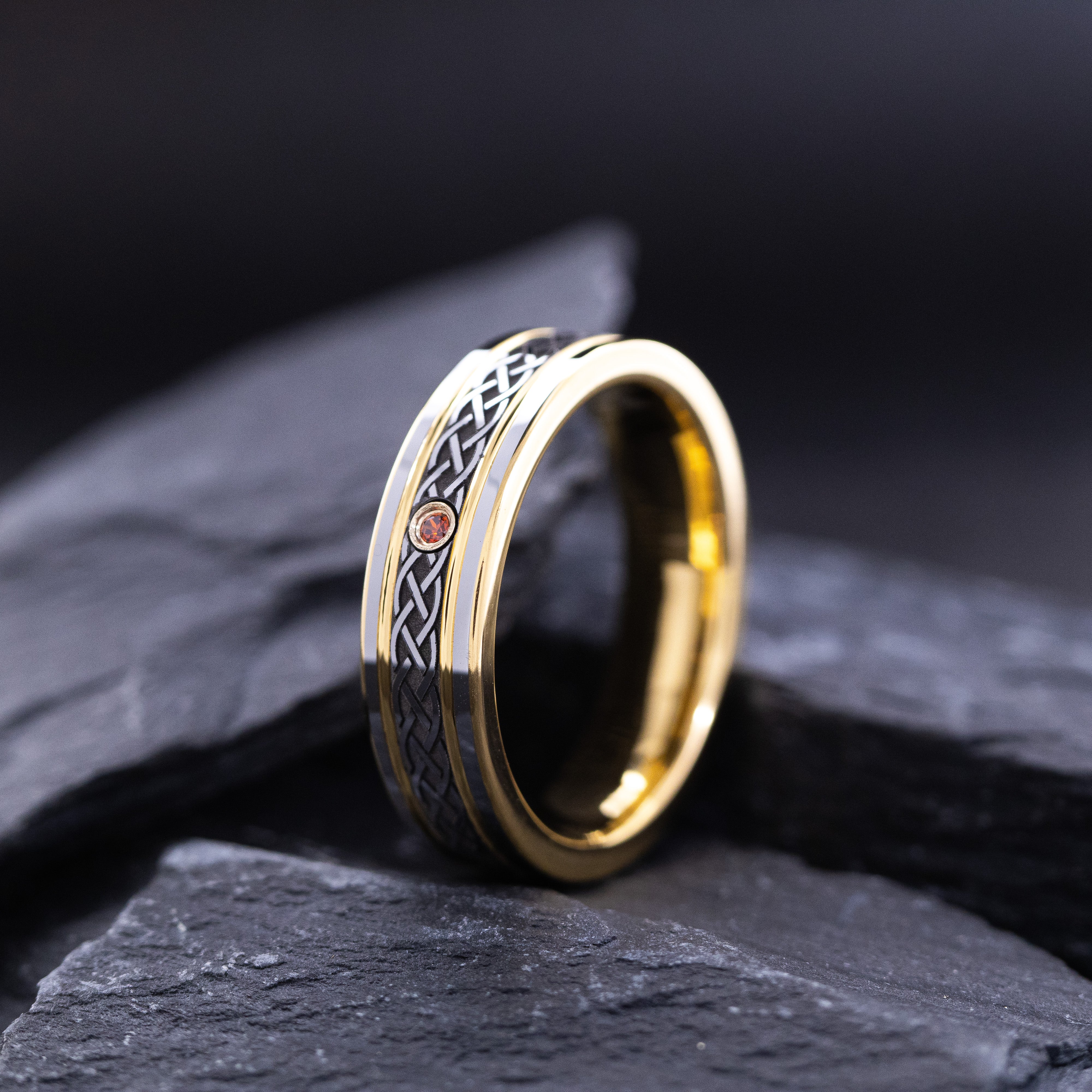 Yellow Gold Plated 6mm Tungsten Carbide Ring With Round Cut Gemstone and Celtic Knot Engraving