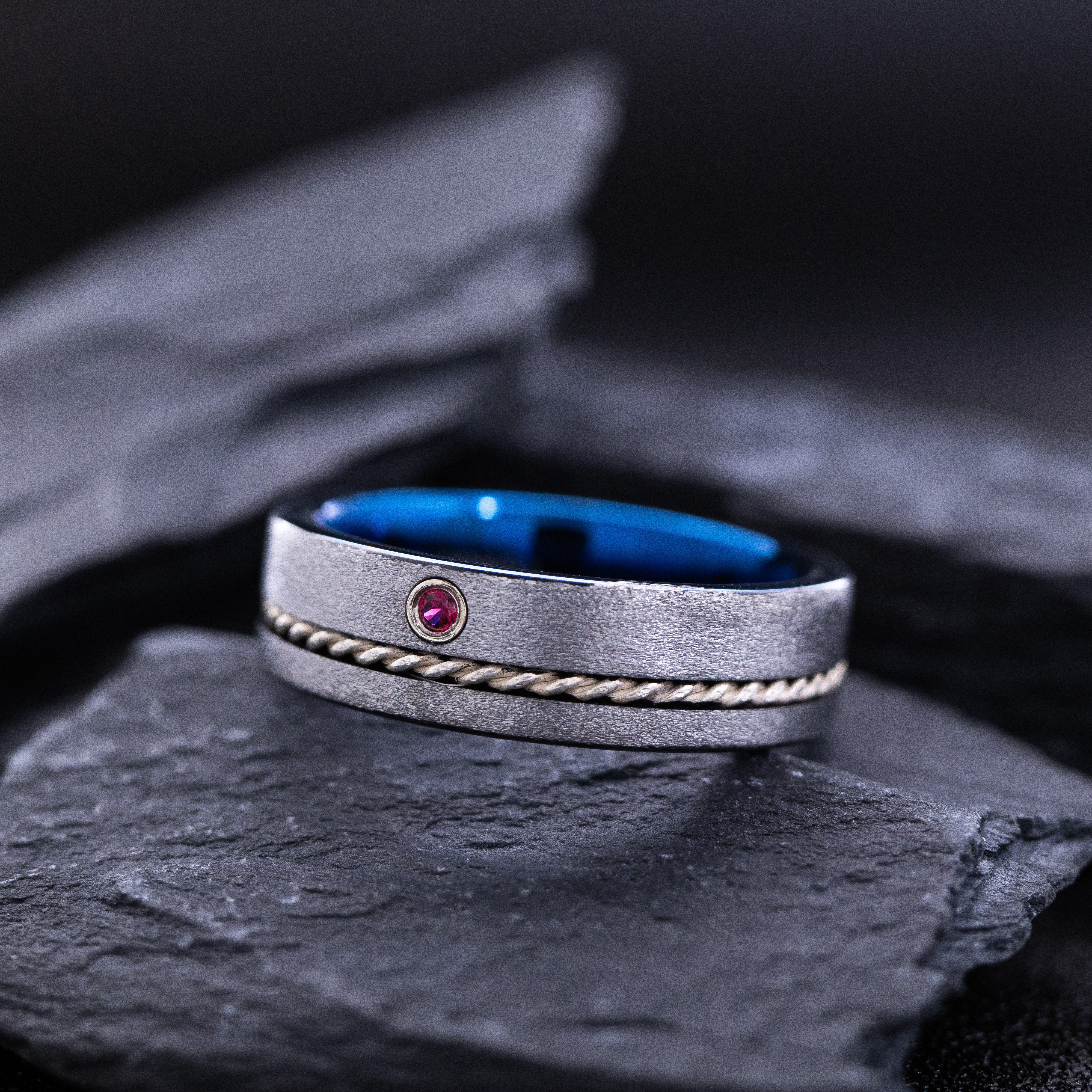 7mm Blue and Silver Tungsten Ring with Braided Rope and Birthstone