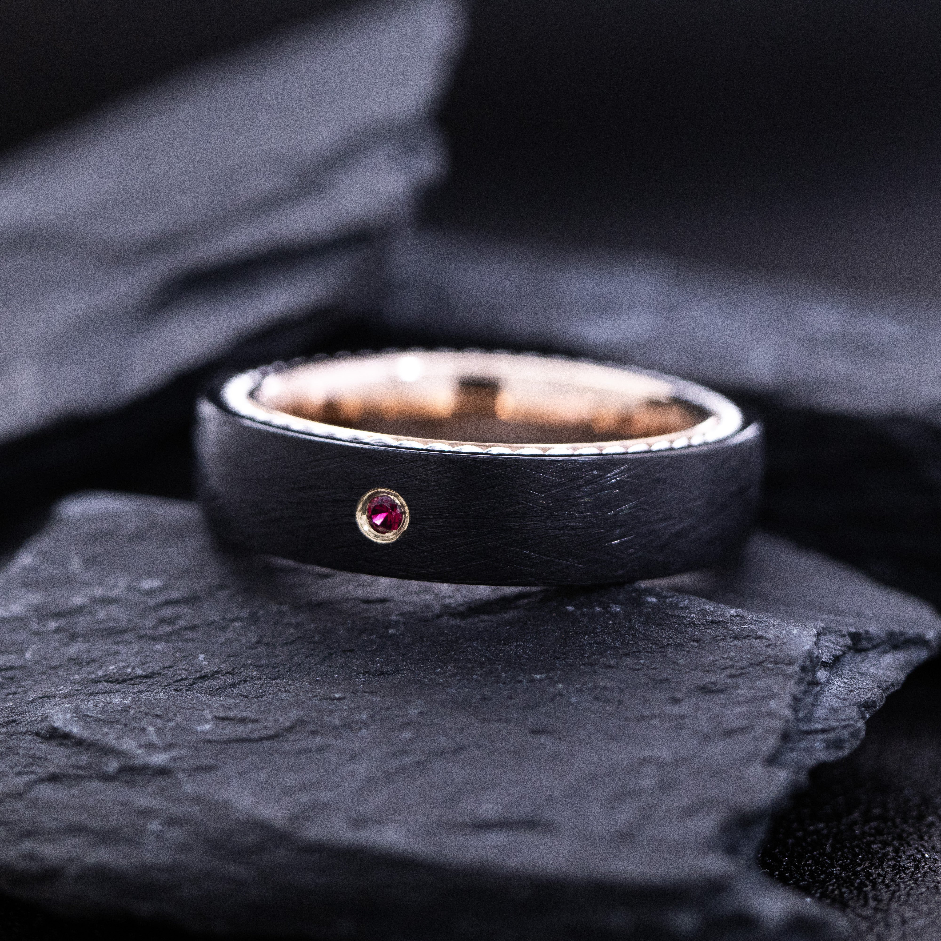 6mm Black and Rose Gold Tungsten Ring with Braided Rope and Round Cut Birthstone