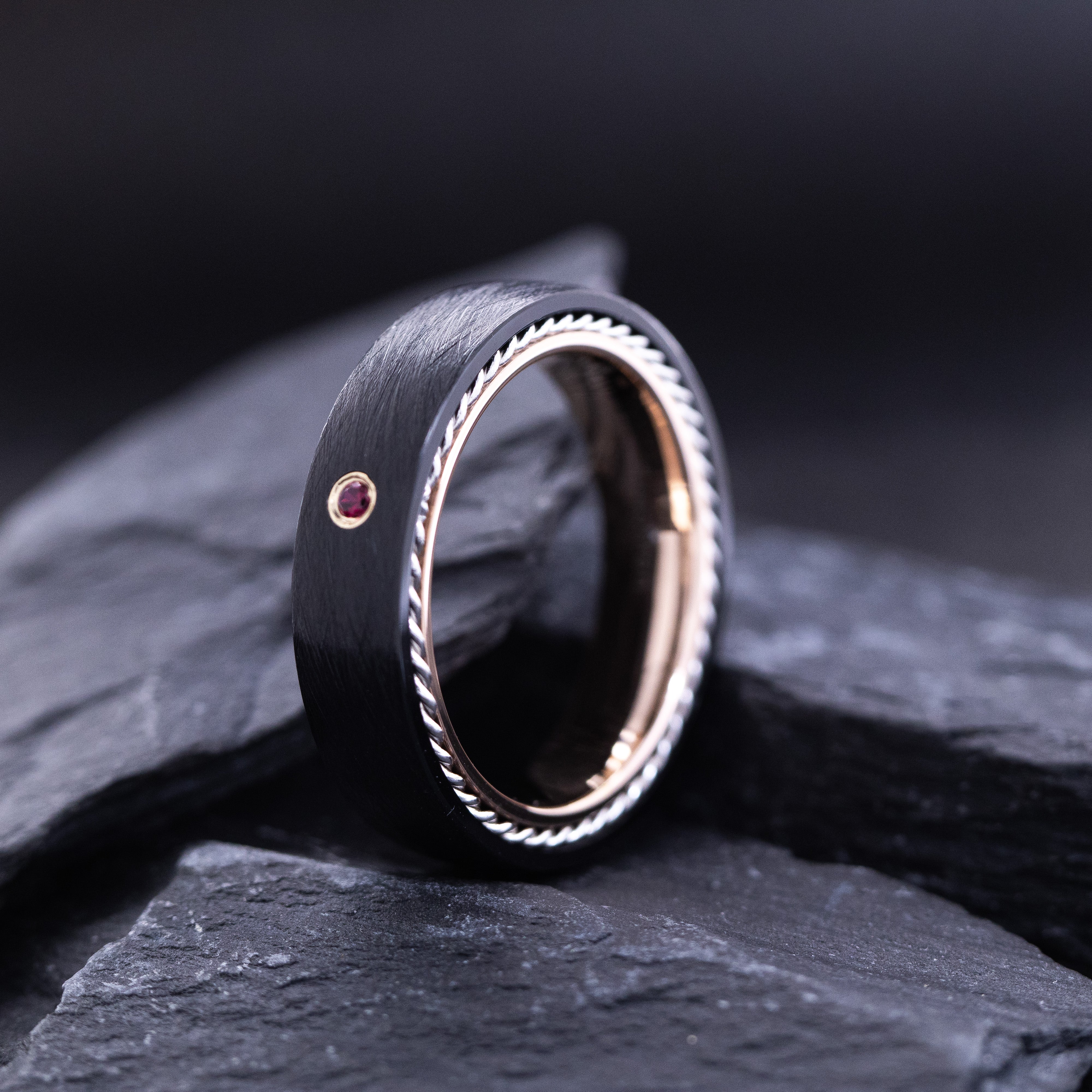 6mm Black and Rose Gold Tungsten Ring with Braided Rope and Round Cut Birthstone