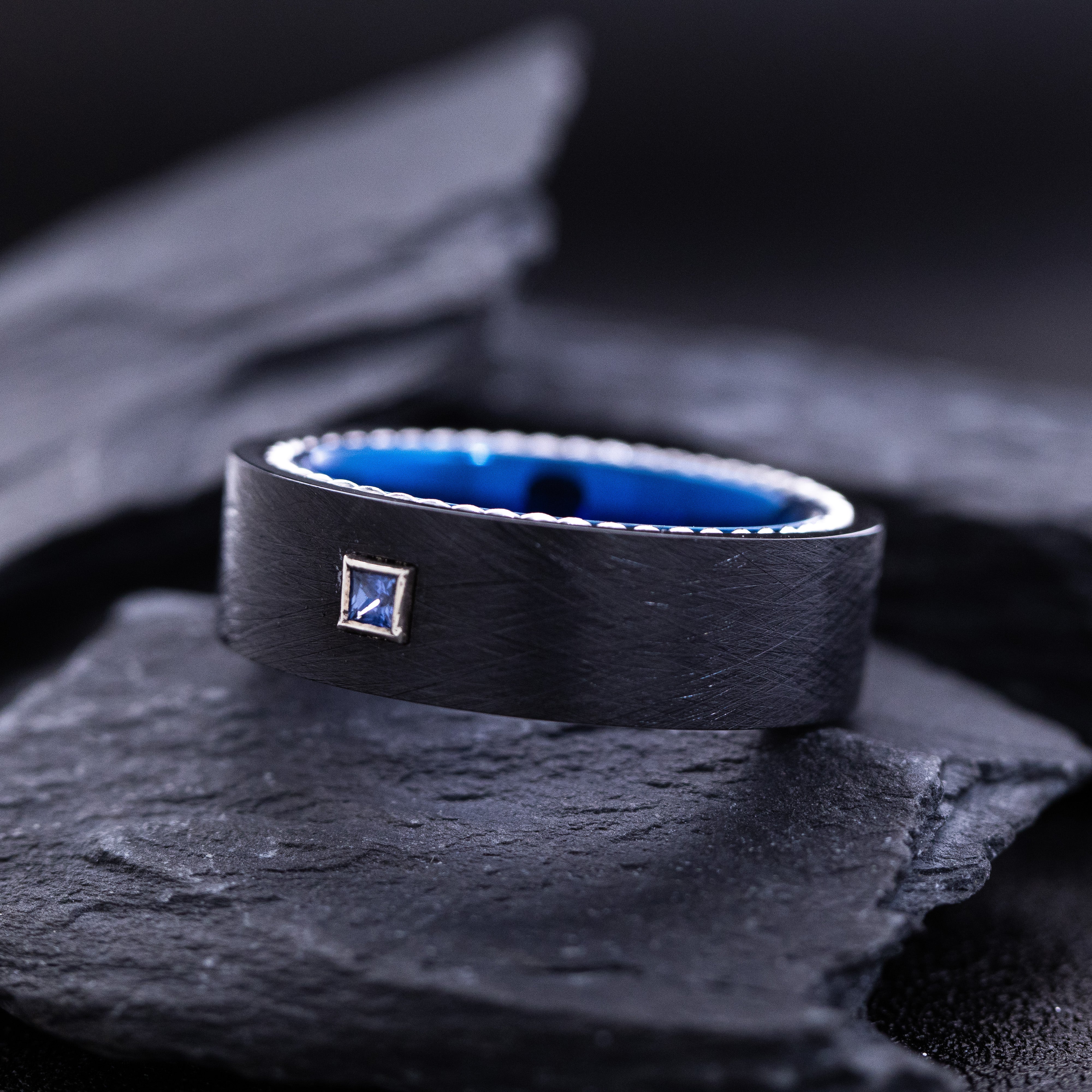 8mm Flat Blue and Black Tungsten Carbide Ring with Gemstone and Twisted Rope Edges